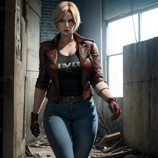 Beautiful detective woman blonde short hair bangs brown eyes red lips firm body perfect breasts t-shirt brown leather jacket blue jeans brown gloves walking in abandoned prison holding flashlight in her hand drawn style resident evil 4