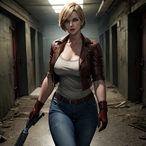 Beautiful detective woman blonde short hair bangs brown eyes red lips firm body perfect breasts t-shirt brown leather jacket blue jeans brown gloves walking in abandoned prison holding flashlight in her hand drawn style resident evil 4