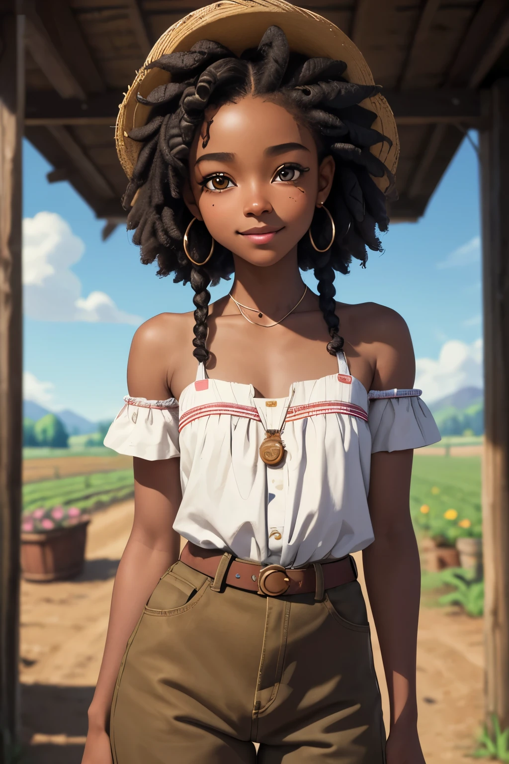 (masterpiece, best quality), deep ebony 1girl, beautiful face, short Afro braids , cute, , beautify, Lofi vibe,, cute night vibe, concentrated, hands outside of the picture, farm setting , dressed like a cowgirl whit, cute look, clothing is dry and baggy, small breasts, teen vibe, cute smile, Stardew Valley inspired,