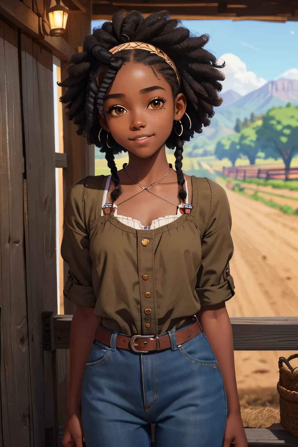 (masterpiece, best quality), deep ebony 1girl, beautiful face, short Afro braids , cute, , beautify, Lofi vibe,, cute night vibe, concentrated, hands outside of the picture, farm setting , dressed like a cowgirl whit, cute look, clothing is dry and baggy, small breasts, teen vibe, cute smile, Stardew Valley inspired,