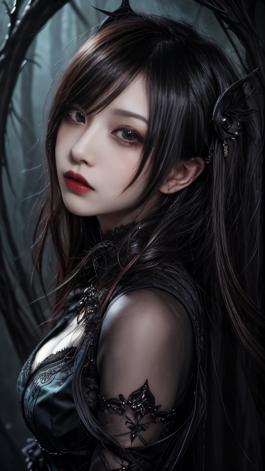 "A highly detailed and intense depiction of a terrifying female necromancer, Mid shot and dramatic capture shot in ultra detailed 8K wallpaper, Showing complex complexity".、Close-up of a woman with dark hair and a black dress, in style of Dark Fantasy Art, Dark fantasy art, A beautiful and elegant demon queen, Dark Fantasy Art, fantasy dark art, Dark fantasy digital art, gothic fantasy art, Gothic Dark Maiden, Dark Fantasy Portrait, Portrait of the Dark Goddess, Dark Fantasy Nymph Portrait
