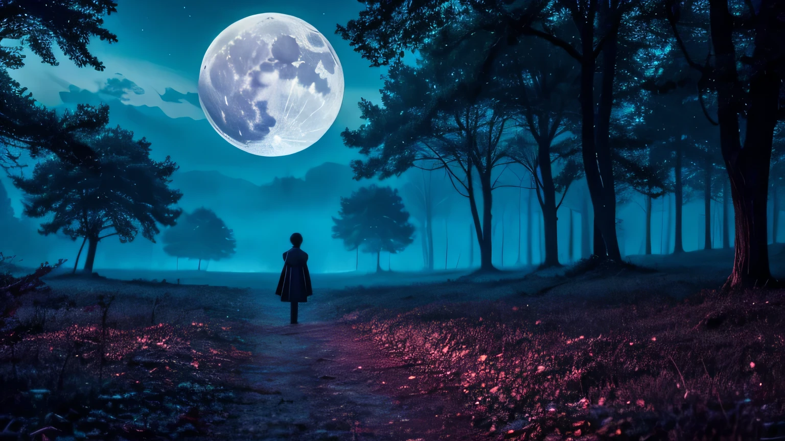 The scene opens with a fascinating and mysterious world, in which the boy suddenly finds himself. Tall trees with unusual shapes and colors surround it, ihre spitzen Kronen ragen in den Himmel und werfen lange Schatten auf den Boden. The trees could shimmer in different colors, from bright green to deep violet to a mysterious black and blue, which gives the environment an unreal and fascinating atmosphere.
The sky above the clearing could be dark, aber dennoch leuchtenden Rot des Mondes durchdrungen sein, floating above the treetops in the distance. The moon could be larger and more intense than usual, its reddish light casts a ghostly aura over the scene and reinforces the feeling of the unknown and the mysterious.
The clearing itself could be surrounded by a lush, be covered with lush green ground, which is lined with countless flowers and plants, deren Farben und Formen sich in einem wilden und chaotischen Tanz miteinander verweben. Some of the plants may have bright patterns and markings, die wie Runen oder Symbole aus einer alten, vergessenen Sprache aussehen.
Small creatures could be seen jumping around between the trees and bushes, ihre silbrigen Augen leuchten im roten Licht des Mondes. They could look like fairies or elves, with delicate wings and glittering dresses, die im sanften Wind der Lichtung flattern.
The boy himself could be standing in the middle of the clearing, sein Blick voller Staunen und Verwirrung, while looking at the strange and fascinating world around him. His silhouette could be surrounded by a warm glow, which makes him appear like a shining figure in the darkness.
Overall, the fantasy illustration would capture a magical and surreal scene, that exceeds the limits of imagination and takes the viewer into a world full of mystery and adventure.