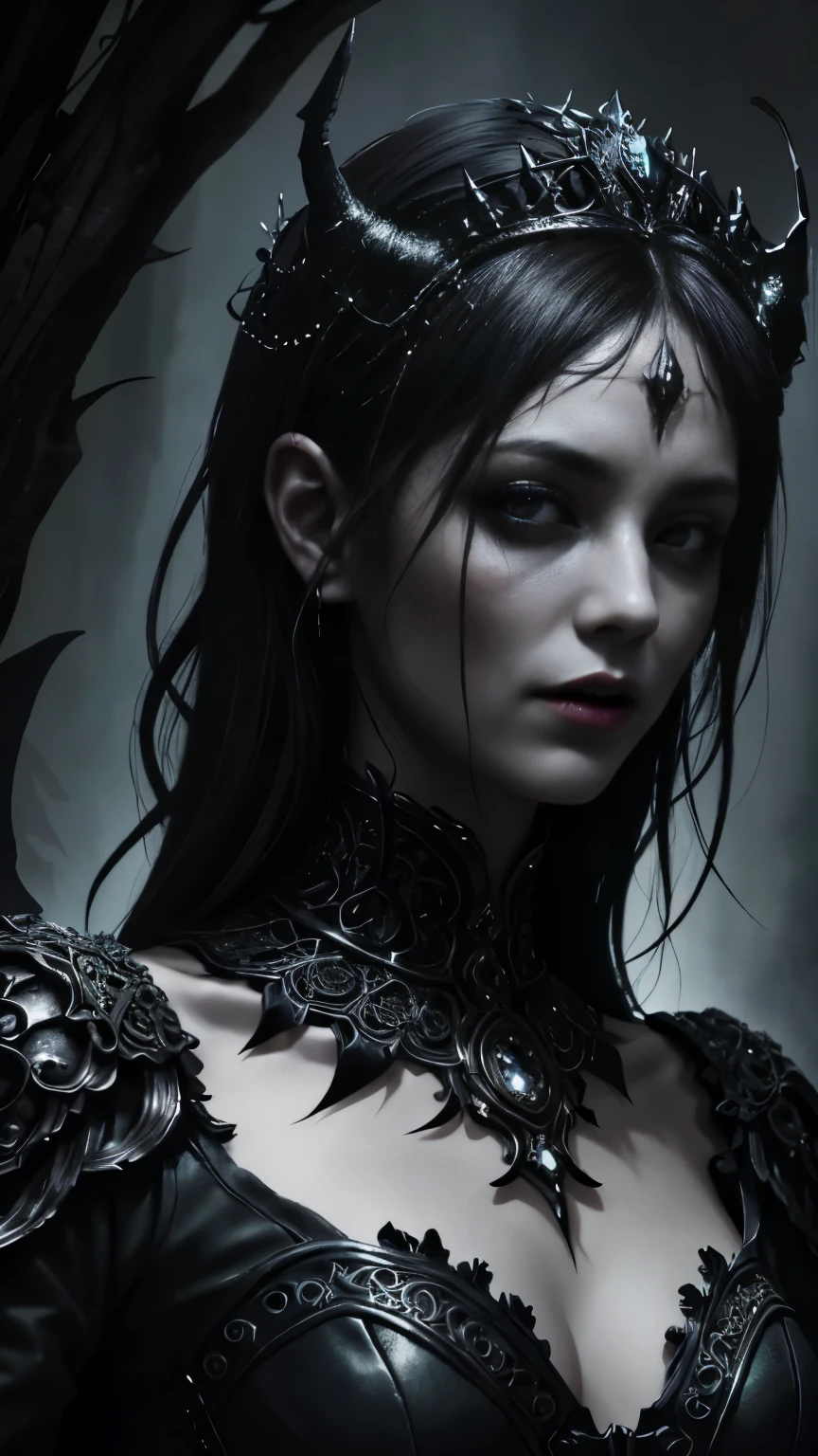 "A highly detailed and intense depiction of a terrifying female necromancer, Mid shot and dramatic capture shot in ultra detailed 8K wallpaper, Showing complex complexity".、Close-up of a woman with dark hair and a black dress, in style of Dark Fantasy Art, Dark fantasy art, A beautiful and elegant demon queen, Dark Fantasy Art, fantasy dark art, Dark fantasy digital art, gothic fantasy art, Gothic Dark Maiden, Dark Fantasy Portrait, Portrait of the Dark Goddess, Dark Fantasy Nymph Portrait