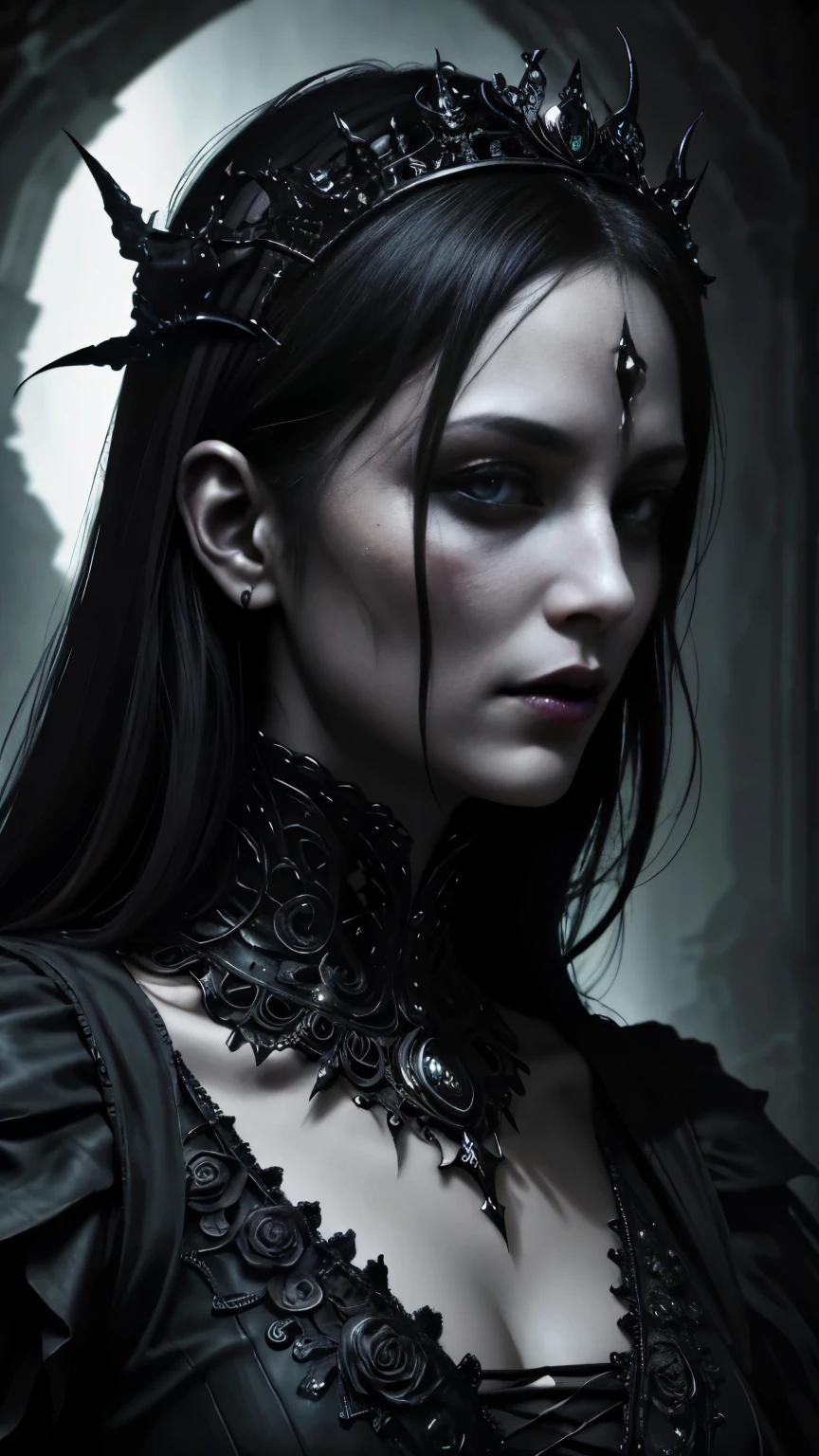 "A highly detailed and intense depiction of a terrifying female necromancer, Mid shot and dramatic capture shot in ultra detailed 8K wallpaper, Showing complex complexity".、Close-up of a woman with dark hair and a black dress, in style of Dark Fantasy Art, Dark fantasy art, A beautiful and elegant demon queen, Dark Fantasy Art, fantasy dark art, Dark fantasy digital art, gothic fantasy art, Gothic Dark Maiden, Dark Fantasy Portrait, Portrait of the Dark Goddess, Dark Fantasy Nymph Portrait