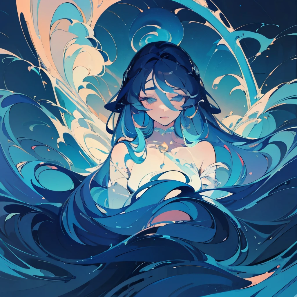 Layla, card, pretty, beautiful, and mesmerizing background, a character in the middle, perfect composition representing a tarot card, the most mesmerizing composition of an artwork, eternally ethereal artwork, (best quality,4k,8k, high res,masterpiece:1.2), ((masterpiece)), (((best quality))), slightly muted colors, Illustration, 1 girl, hair color, hairstyle fax, eyes, environment change, clouds, flowy hair, stars in hair, adult, starry eyes, sea, ocean, celestial, hairstyle fax, deity, muted blue hair, sky-like hair with stars, ocean hair, night sky, abyss theme, (ethereal being), ethereal pose, soft smile, (({comforting aura})), tiny blue stars everywhere, 2d painting, ({ethereal painting})