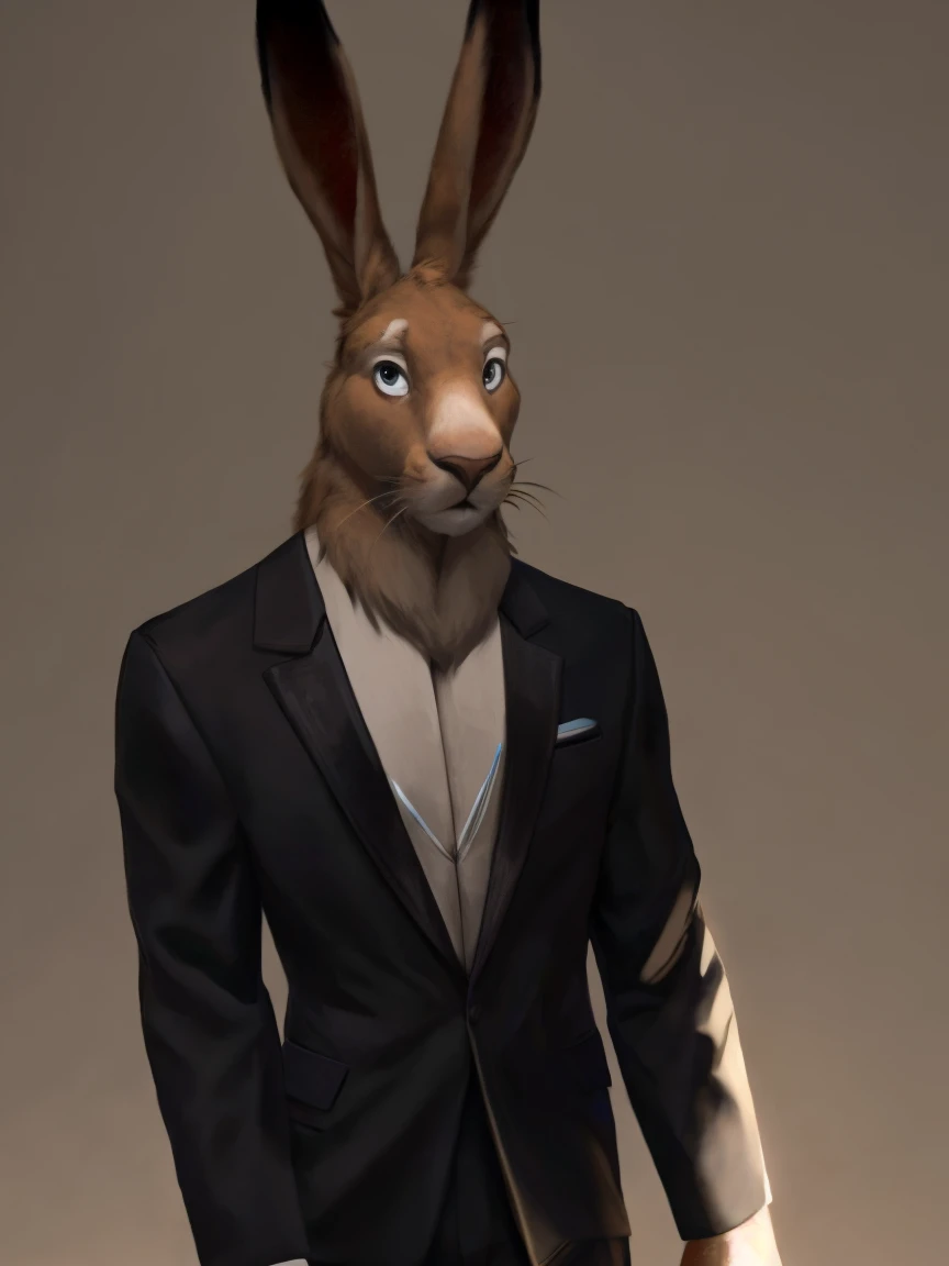 A tall hare in a black suit