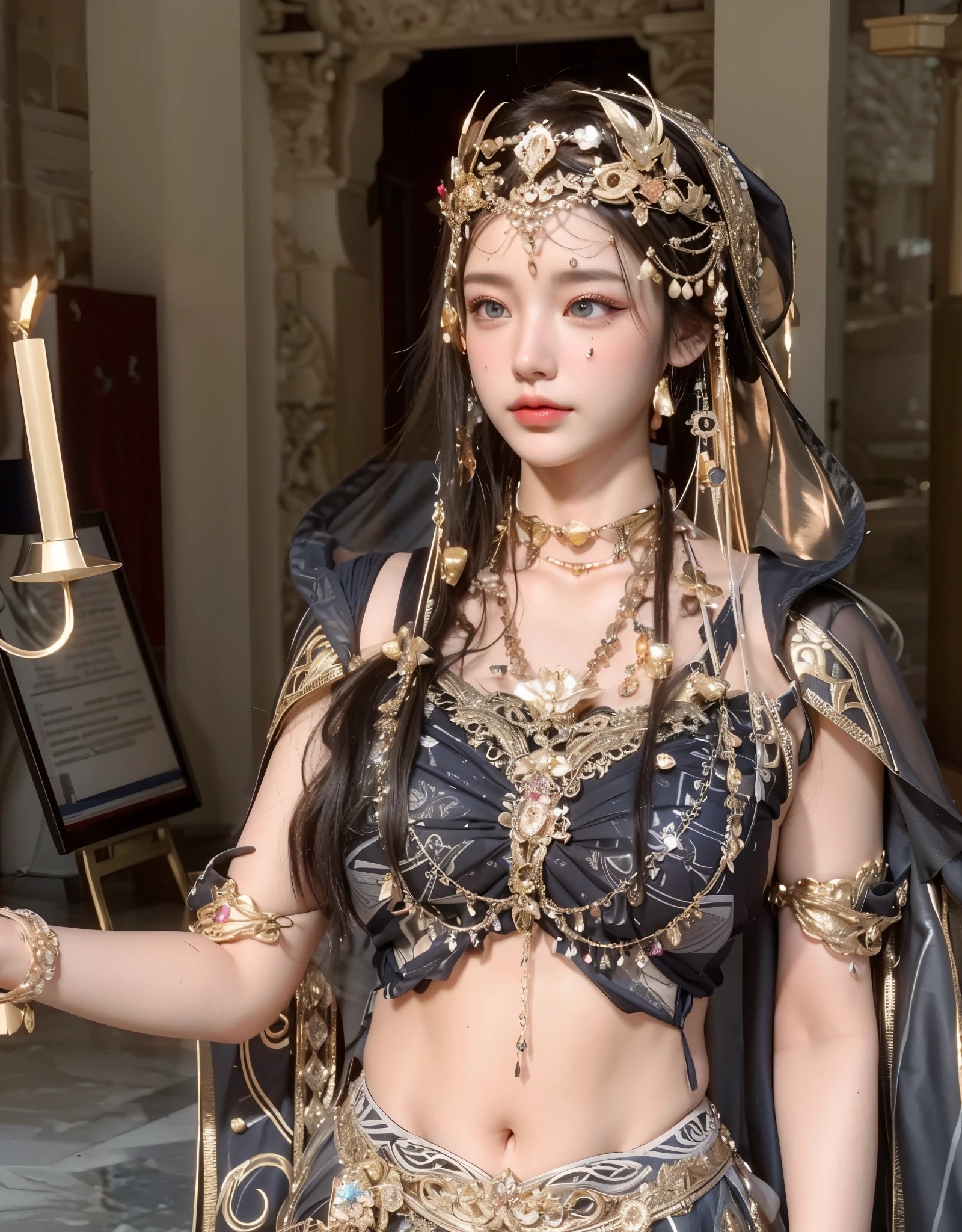 Game Art，CG Animation，Best image quality，Maximum resolution，8K picture quality，(A bust photo)，(portrait)，(Head close-up)，(Rule of Thirds)，Unreal Engine 5 rendering works，20 year old girl，((Queen))，The eyes are very detailed，(Large Breasts)，Elegance and nobility，Light，Light线追踪，Game CG，((3D Unreal Engine))，OC rendering reflection mode，4k，Ultra-clear，Translucent lace，Fair and plump figure，Pretty Face，Light泽凝胶涂层，身着华贵礼服的Queen，Gorgeous clothing，Luxurious and exquisite jewelry，Colorful makeup，Luxurious diamond necklace，Dunhuang dancers wearing luxurious costumes