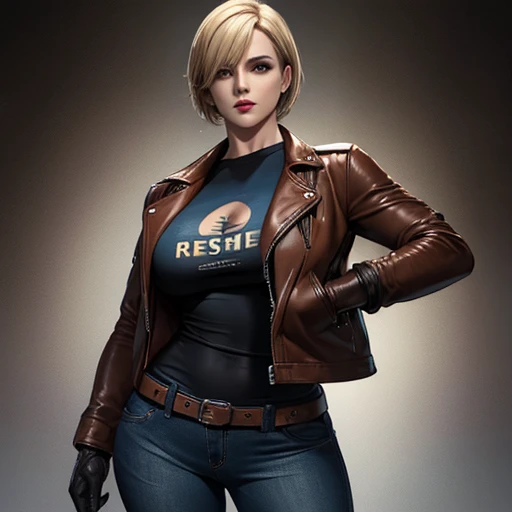 Beautiful detective woman blonde short hair bangs brown eyes red lips firm body perfect breasts t-shirt brown leather jacket blue jeans black leather gloves in pue drawn style resident evil 4