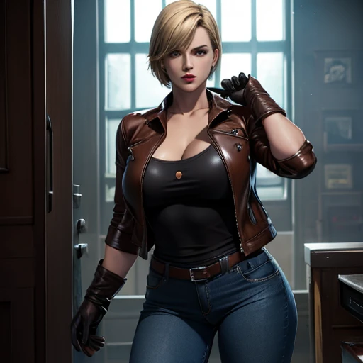 Beautiful detective woman blonde short hair bangs brown eyes red lips firm body perfect breasts t-shirt brown leather jacket blue jeans black leather gloves in pue drawn style resident evil 4