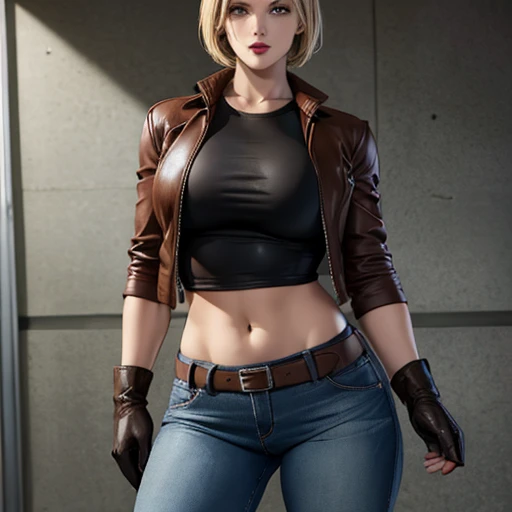 Beautiful detective woman blonde short hair bangs brown eyes red lips firm body perfect breasts t-shirt brown leather jacket blue jeans black leather gloves in pue drawn style resident evil 4