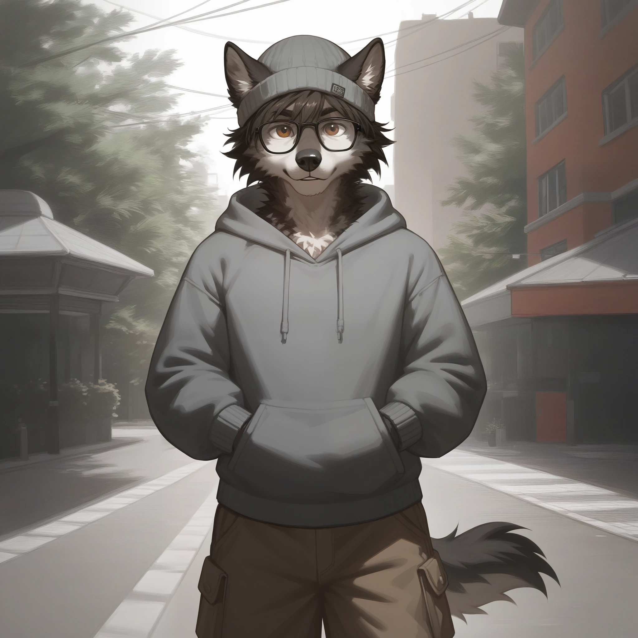 Solo, score_9,score_8_up,score_7_up, source_furry, an Anthro furry brown wolf male, brown eyes, black nose, black shaggy hair, wearing grey beanie, black glasses, grey hoodie, brown cargo shorts, offering viewer a blunt, pov, handing viewer a marijuana blunt, standing, front view, outdoors, in a park,