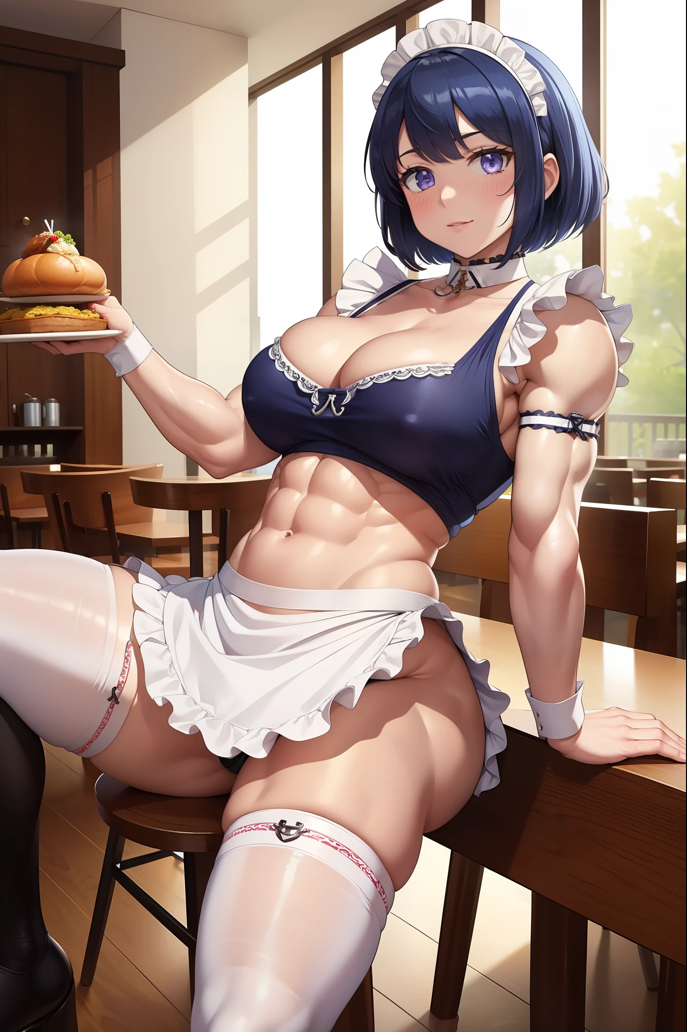 (masterpiece, best quality:1.4), illustration, 8k, hd, 1girl, solo, short_hair, blue_hair, dress, white_thighhighs, no underwear, short_sleeves, frills, apron, white_eyes, cleavage, metal_collar, anchor_choker, maid, white maid, ((muscular female, abs, fit, muscle arm, muscle leg, bare belly)), (restaurant, maid cafe)