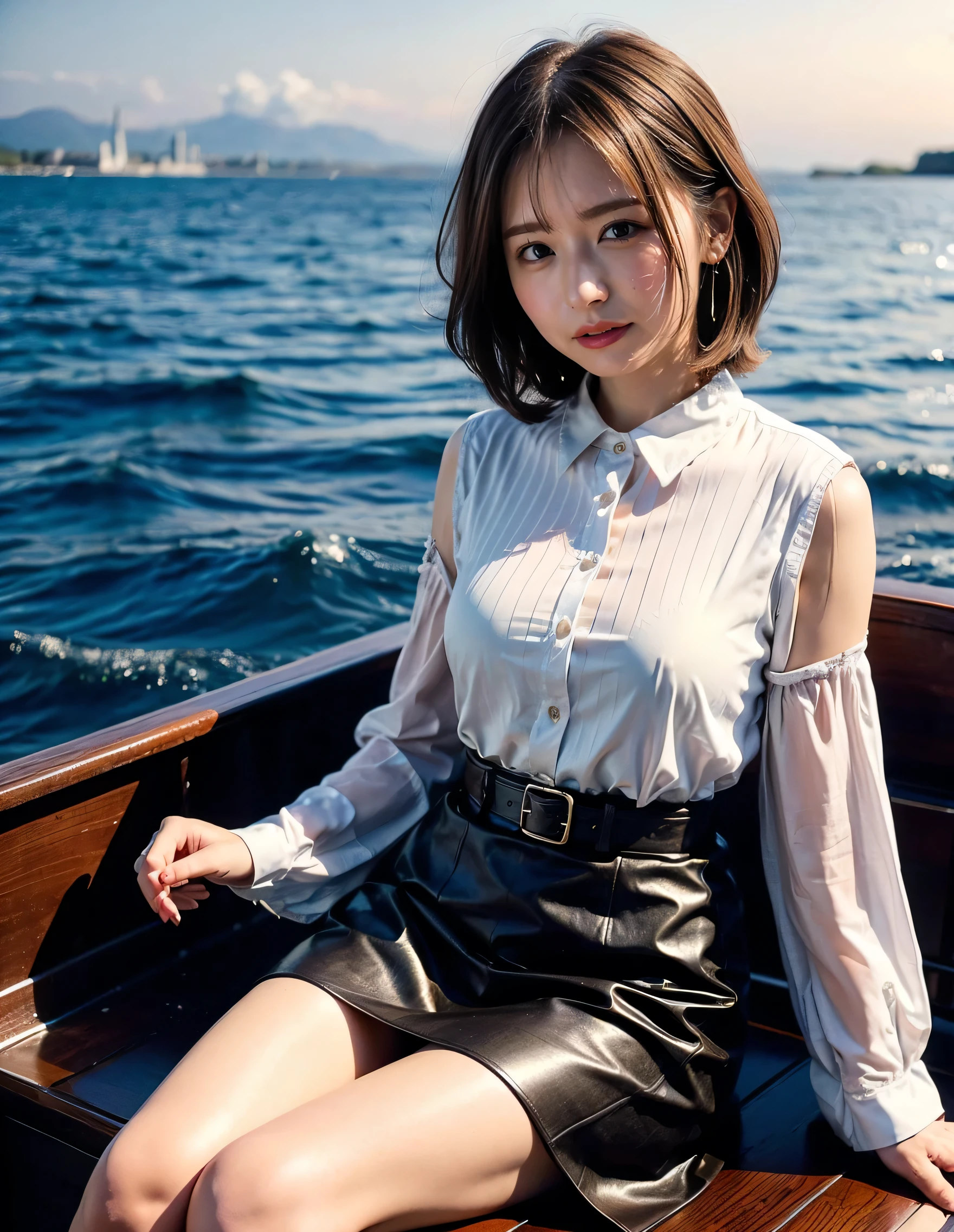 (Robe Dress:1.1) ,smile、Brown beige color hair、Woman standing on a boat、Light brown hair、Elegant hairstyle、Blue Eyed Woman、A woman with a cute upward gaze、When the sky gets dark、The gentle light of the ship shines、When the sun goes down the sky turns red、Tight clothing that shows your body lines、、A clean white blouse or white collared shirt、The first button of her blouse is lewdly open、Genuine Leather Belt、革のShort skirt、Dress elegantly着こなす、Luxury Bags、、((Medium Short Hair:1.4))、Skyscrapers seen across the sea、Manhattan 私sland is visible offshore、Woman on a sightseeing boat、、The sun shines on her、Light brown hair、Light brown hair、The sky was dyed red、There are clouds、private's cute、An elegantly dressed woman is sitting on a boat and watching the sunset、Her ample breasts are obvious even through her clothes..、The shining sun is so beautiful、Dusk is approaching、Lens flare、I can see the sunset、((Sunlight reflecting off the ocean、Ocean View、The sun shines on the sea、'beautiful.、Small earrings、private'evening、Birds are also flying、、Brown Hair Color、Tying up hair、The woman is on the right:1.4))、Luxury Leather Belts、Shiny clothes、Light beige hair color、Background Blur、Braid only the front hair、Light brown hair、{{Cowgirl Shot}}、((Close-up shot from the waist up、Ample breasts:1.4))、Smile、Silk clothing、Ample breasts that can be seen even through clothes、Braid only the front hair、Cowboy Shot、Gorgeous white collared silk shirt and brown skirt、Dress elegantly、Luxury Bags、A lovely smile、((Ample breasts))、Full body photo、ring、Short skirt、Tuck your hair behind one ear、Silver Necklace、smile、 Elegant ponytail、Caustics、Highly detailed photos、Very beautiful and ideal short hair、Super no makeup、(8k、RAW Photos、highest quality、masterpiece:1.2)、(Realistic、Realistic)、1 girl、((Medium Short Hair、Looking into the camera:1.4))、Hair blowing in the wind