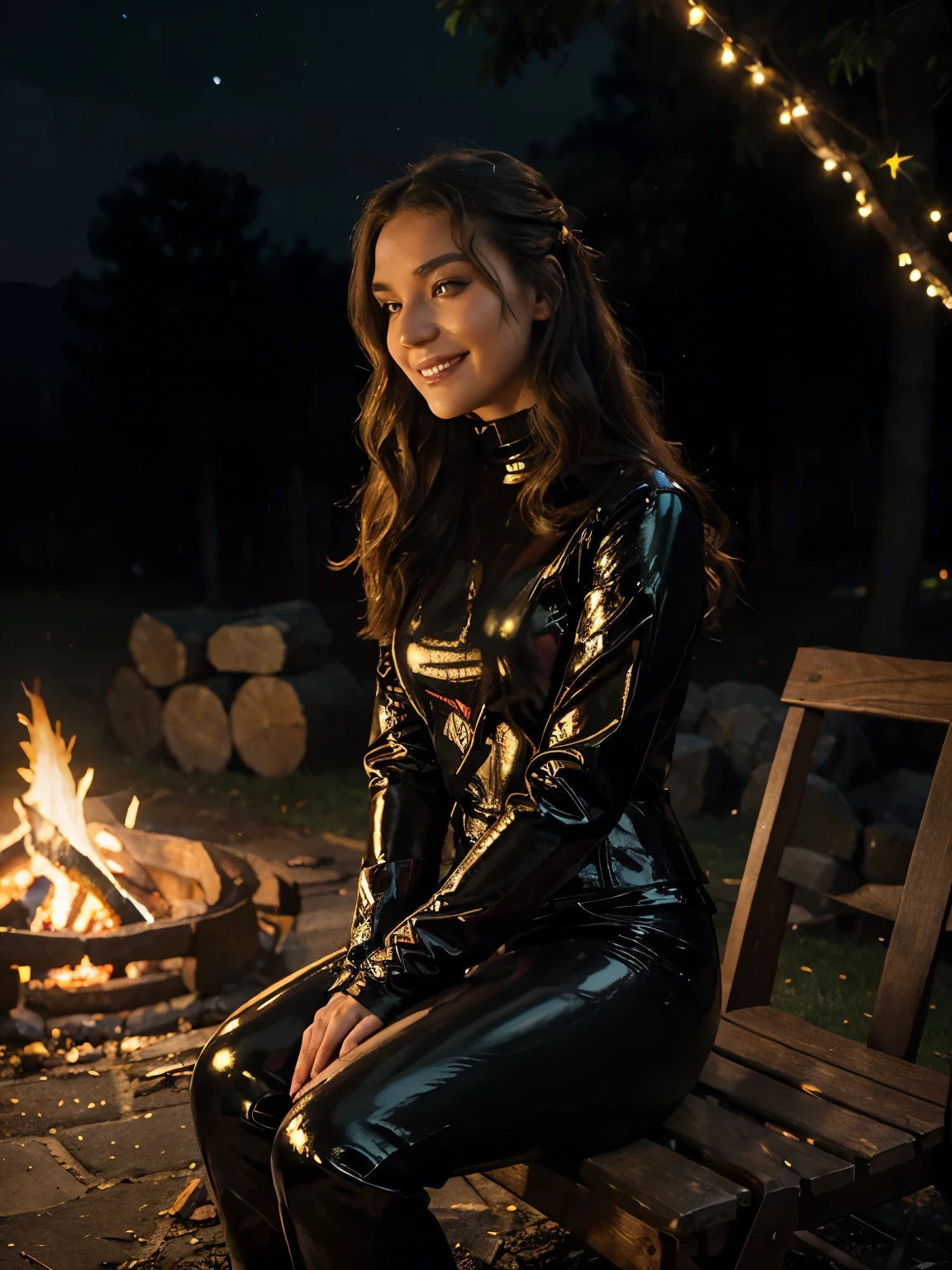 Capture a realistic photo of a girl sitting by a bonfire at night with friends. She is wearing a form-fitting, shiny black latex outfit consisting of a sleek latex jacket and matching latex pants. The glossy texture of the latex reflects the warm glow of the firelight, creating a striking contrast against the dark, starry night sky. Her hair is styled in loose waves, cascading over her shoulders, and her makeup is minimal, emphasizing her natural beauty in the firelight.

The setting is an outdoor area with a cozy bonfire blazing in the center, surrounded by logs and rocks for seating. The crackling flames cast a warm, inviting light, illuminating the girl's outfit and highlighting the reflective quality of the latex. Around the bonfire, her friends are seated, engaged in cheerful conversation and laughter, adding to the lively and warm atmosphere. In the background, the silhouettes of trees and the twinkling stars enhance the enchanting, rustic ambiance. The girl sits comfortably by the fire, her relaxed and confident pose contributing to the captivating scene.