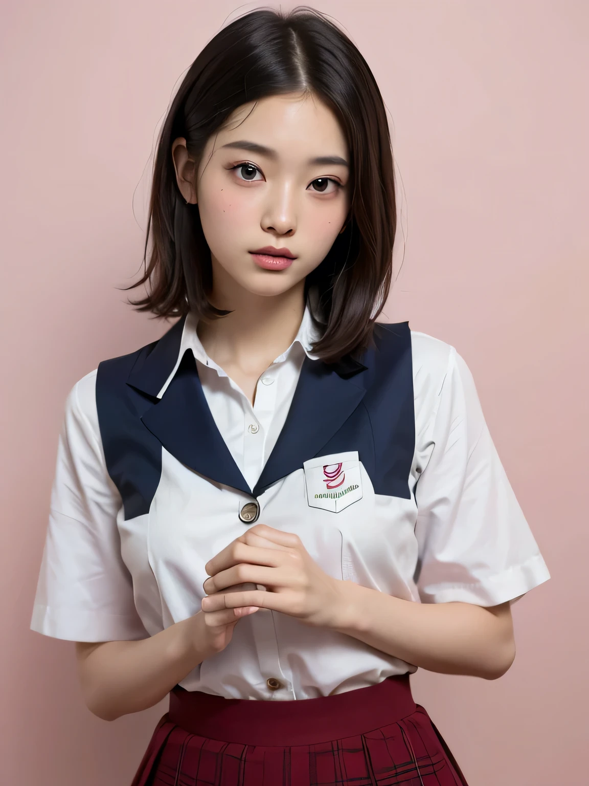 (masterpiece:1.3)、8k,Very fine finish、(High resolution、8k:1.3)、highest quality、Beautiful Hands、Beautiful Hands指、(Ultra-realistic as a photo:1.3), Ultra High Resolution Face、The face is in focus、Ultra high definition and beautiful eyes、(Concentrated eyes:1.3)、(Eyes are symmetrical:1.3)、High quality and beautiful skin、Firm Skin、Natural Makeup、Gloss lips, Ultra HD Hair Texture、Japanese women、high school girl、14 years old、(High School Uniform:1.3), very cute, in red、Very short hair:1.2, Mid-chest, (Flip up the skirt、Small panties are visible from the skirt:1.1), Pink wall、 (Very embarrassed:1.3), (blush:1.3), (View Viewer:1.2)