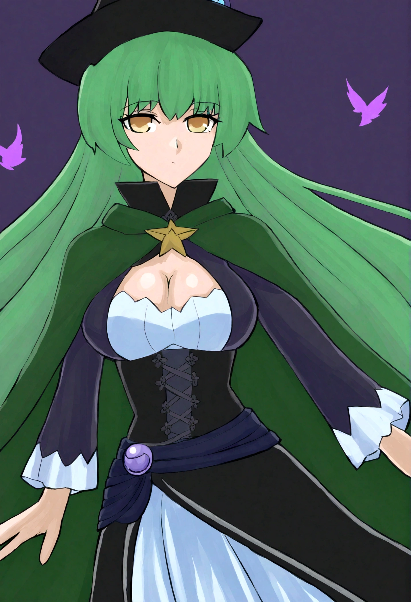 a close up of a person wearing a hat and dress, flirty anime witch casting magic, gothic maiden anime girl, anime girl with long hair, fashionable dark witch, in a cloak with long hairs, anime girl wearing a black dress, dark witch character, with a green cloak, witch girl, classical witch, green hair, haloween, backgraund night alley, older, age 24