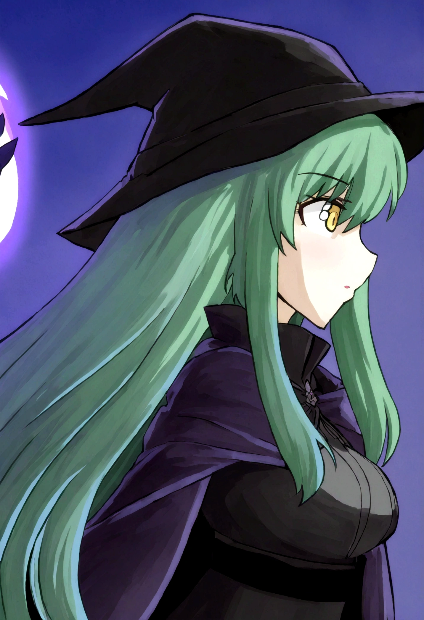 a close up of a person wearing a hat and dress, flirty anime witch casting magic, gothic maiden anime girl, anime girl with long hair, fashionable dark witch, in a cloak with long hairs, anime girl wearing a black dress, dark witch character, with a green cloak, witch girl, classical witch, green hair, haloween, backgraund night alley, older, age 24