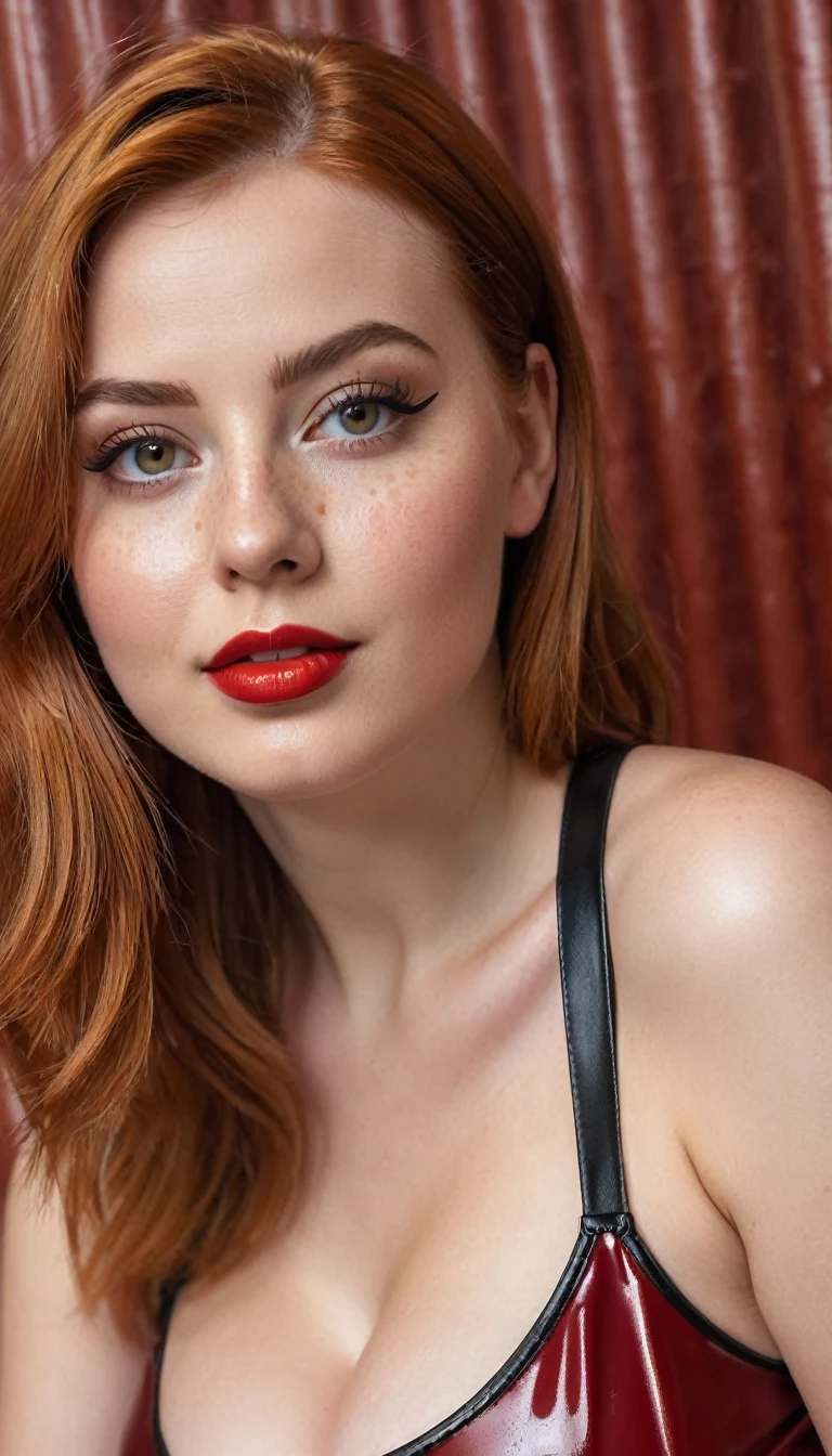 hyperrealistic beautiful busty 19-year-old woman with long legs wearing latex tanktop and latex pleated skirt, ((huge breasts!!!!!!)),(huge breasts!!!!), model shooting full body photography, natural redhead classic bob, freckles, soaky wet skin, dark eye makeup with eyeliner, seductive smile, red lips, 8K, Best quality, Meisterwerk, ultra high resolution, (Realismus: 1.4), Originalfoto, (realistische Hautstruktur: 1.3), (Filmkorn: 1.3), (Selfie-Winkel), 1 girl, Beautiful round hazel eyes and facial details, Meisterwerk, Best quality, indoor photography in front of a shiny leather wall, nsfw
