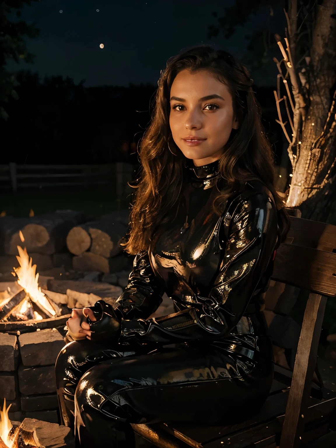 Capture a realistic photo of a girl sitting by a bonfire at night with friends. She is wearing a form-fitting, shiny black latex outfit consisting of a sleek latex jacket and matching latex pants. The glossy texture of the latex reflects the warm glow of the firelight, creating a striking contrast against the dark, starry night sky. Her hair is styled in loose waves, cascading over her shoulders, and her makeup is minimal, emphasizing her natural beauty in the firelight.
The setting is an outdoor area with a cozy bonfire blazing in the center, surrounded by logs and rocks for seating. The crackling flames cast a warm, inviting light, illuminating the girl's outfit and highlighting the reflective quality of the latex. Around the bonfire, her friends are seated, engaged in cheerful conversation and laughter, adding to the lively and warm atmosphere. In the background, the silhouettes of trees and the twinkling stars enhance the enchanting, rustic ambiance. The girl sits comfortably by the fire, her relaxed and confident pose contributing to the captivating scene.