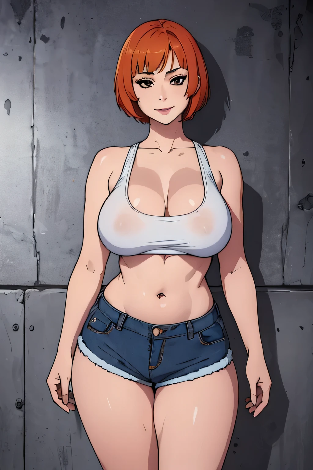 a young woman standing and in front, 1girl, solo, orange shoes, navel, navel piercing, Cute woman, beautiful short orange hair, short orange hair with bangs, pale skin, orange shirt, blue mini shorts, smile, attractive look, mature face, deep slanted eyes, chubby body, chubby, defined biceps, thick legs, slim waist, full body, full body, big breasts, big breasts, (best quality,4k,8k,highres,masterpiece:1.2), ultra-detailed, (realistic,photorealistic,photo-realistic:1.37), long socks