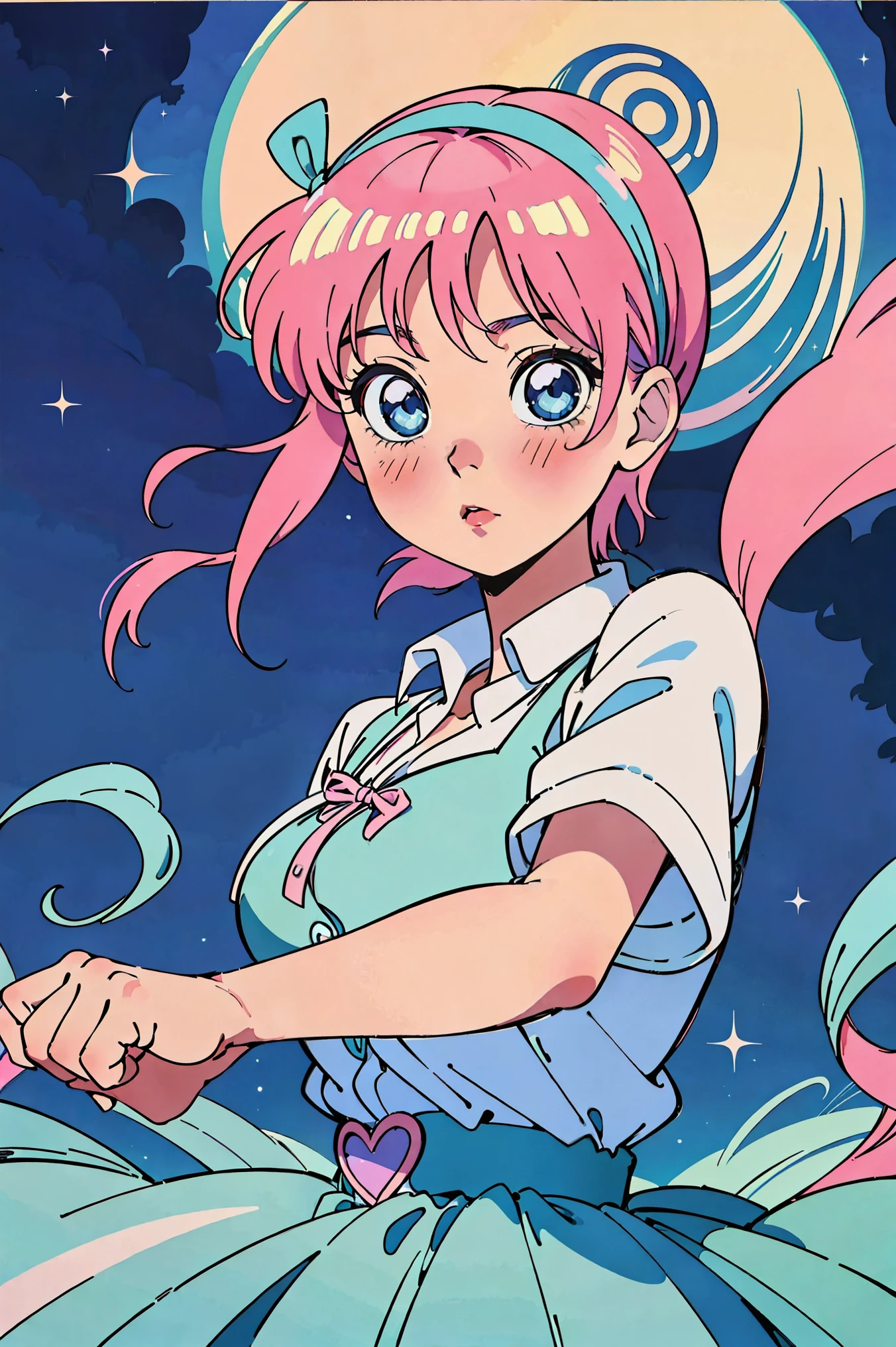 Ichika nakano, dancing in the moonlight, dynamic pose, moonlight background, full body, dancing girl, pretty flowing dress, wind, sweet dreamy face, (Old anime, vintage anime, 90's anime style, naoko takeuchi style, masterpiece、top-quality, Official art、Beautifully Aesthetic:1.2)、(a beauty girl:1.3)、vivid colours、colourful, magical photography, dramatic lighting, intricate details, (1 girl, solo, alone), , sfw, nakano_ichika, blue eyes, indigo eyes, aaichika, sparkling blue eyes, sfw, pretty teenage girl with short oink hair, hair ribbon, green ribbon, heart shaped lips and blue eyes making a cute face, blushing, aayotsuba, Nakano ichika from The Quintessential Quintuplets, yotsuba Nakano, masterpiece, 4k, ultradetailed, cowboy shot, short pink hair,, blushing,, blue eyes, innocent, pure, kawaii, tender, lovely, cheery, cute