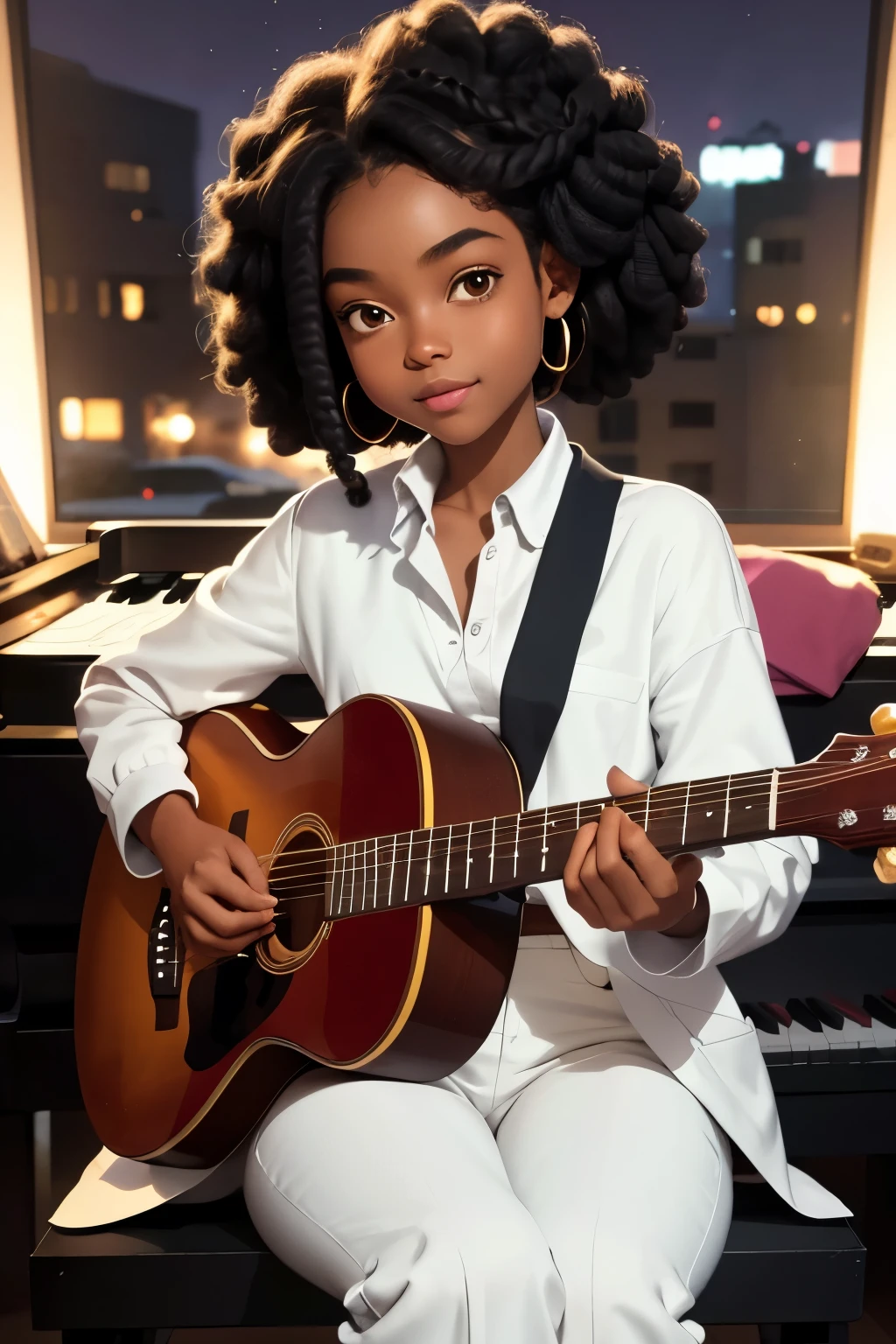 (masterpiece, best quality), deep ebony 1girl, beautiful face, short Afro braids , cute, , beautify, Lofi vibe,, cute night vibe, concentrated, hands outside of the picture, music studio, piano on the background, , dressed smartly black blazer, white shirt , white trousers, cute look, clothing is dry and baggy, small breasts, teen vibe, cute smile, sitting next to a guitar, seen from behind