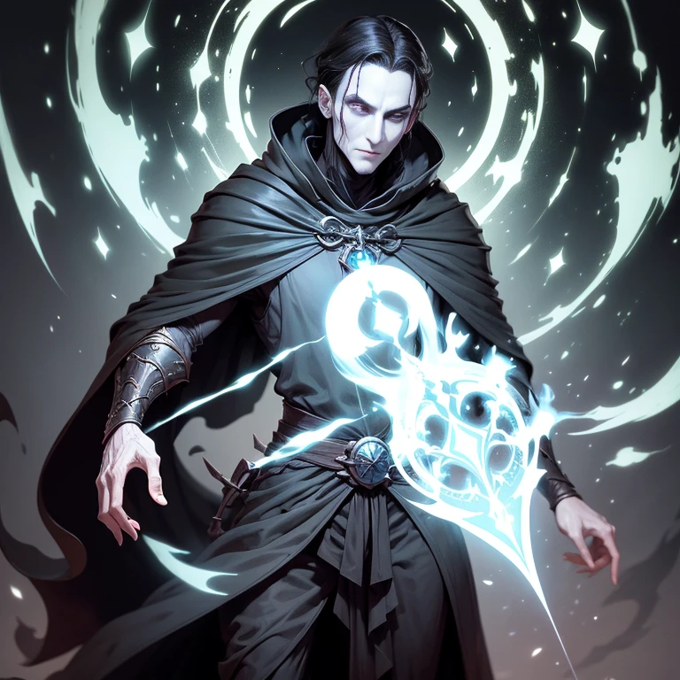 A pale man black hair tall and thin wizard, wearing a dark black robe tunic with ornaments under black armor, specter invoker, specter magic, spirit magic, undead reborn