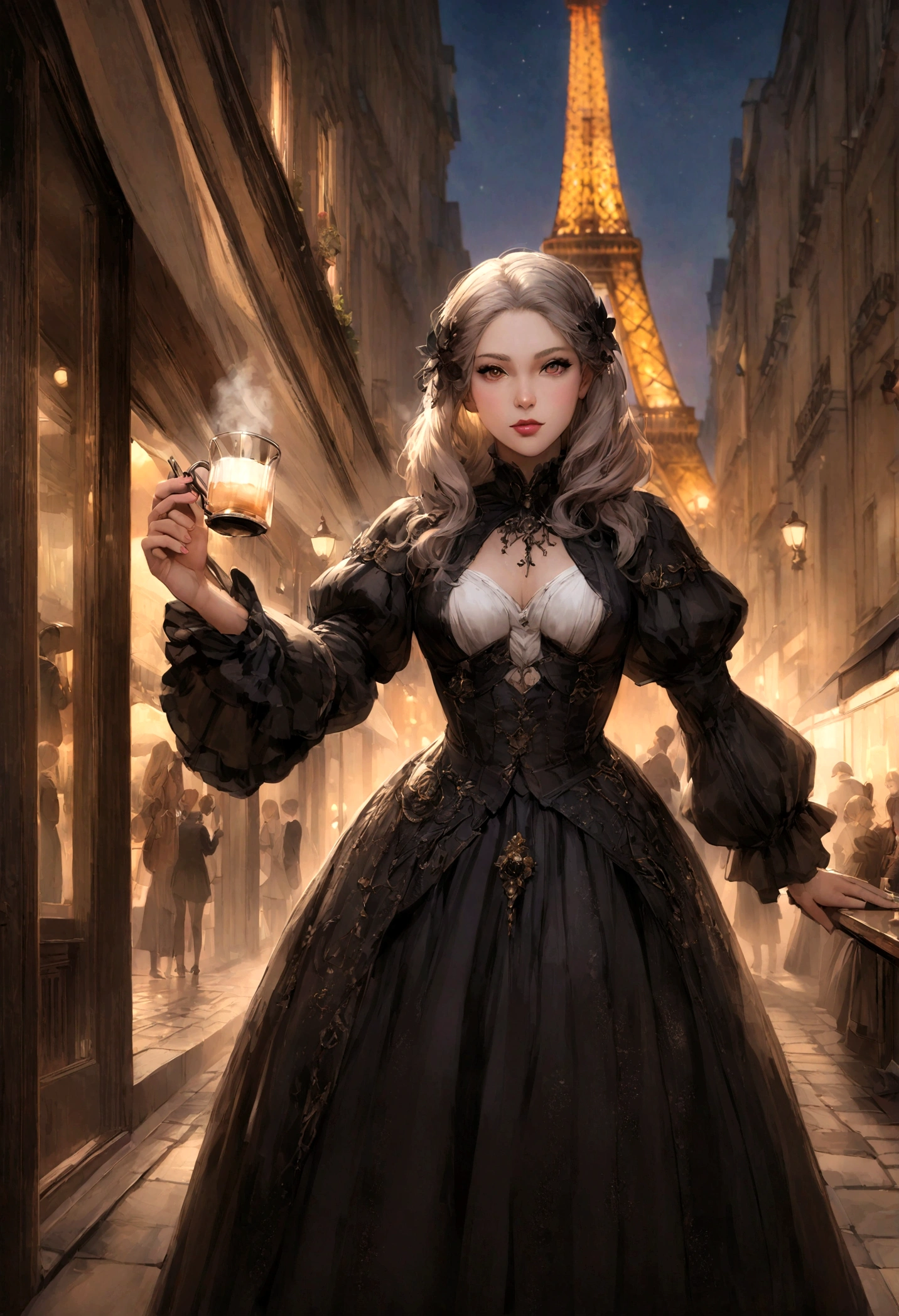 femme pleinement , brun, ultra realistic, regarde la camera, Meticulously detailed, cheveux bruns, selfie d'une jeune femme, maquillage naturel, Superbe corps complet, dans la rue, la nuit, costume, exterieur, costume vestimentaire, TERASSE d'Coffee, le soir, at the Eiffel Tower
