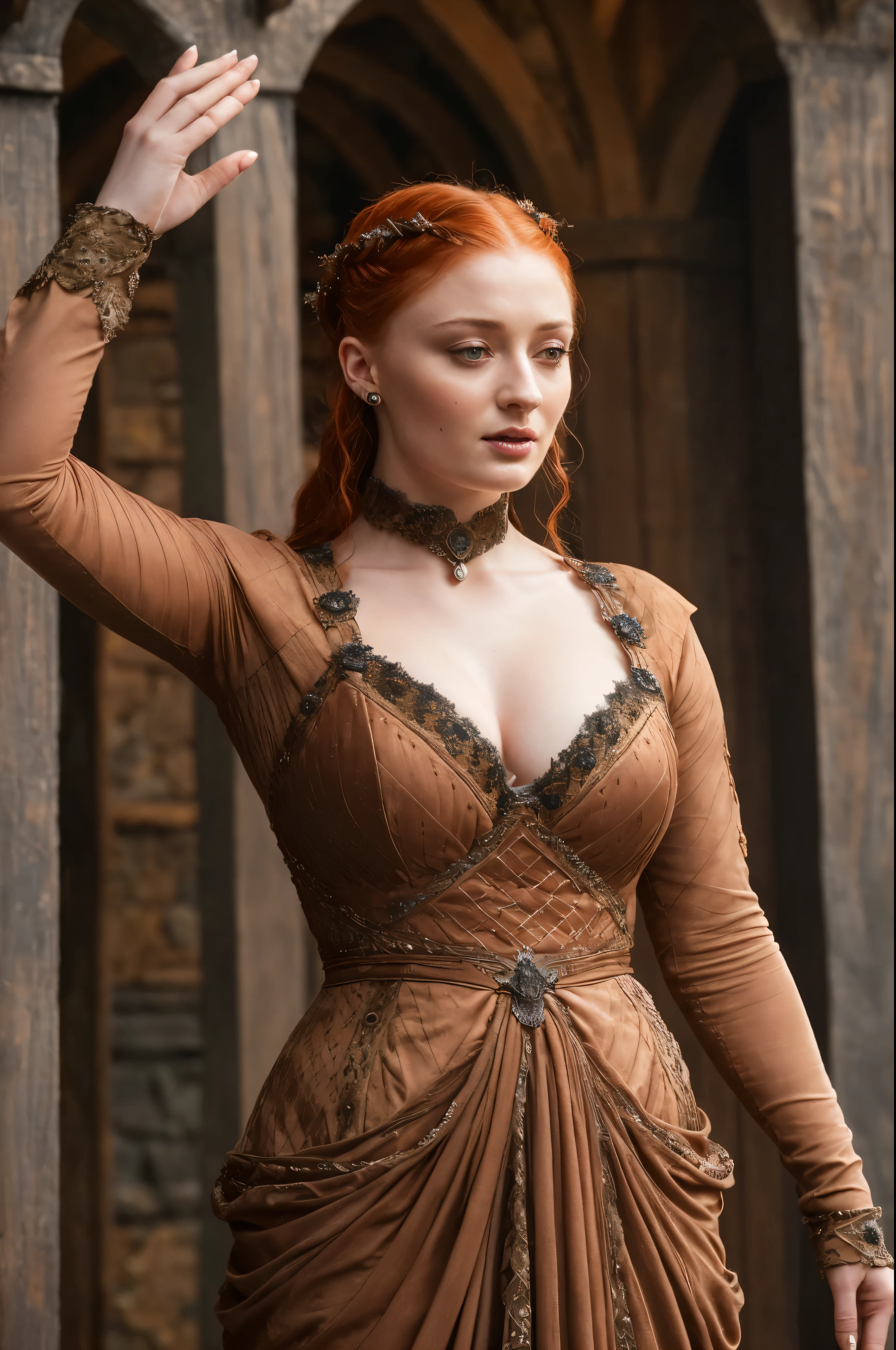 Face of Sophie Turner, Sansa Stark played by Sophie Turner, the de facto Lady of the Eyrie, is a 40-year-old mature queen with a stunning, alluring appearance. Full Face, Full figured woman, pierced eyes, reddish lips, upper body shot, ?????? Mediaeval costumes, game of thrones costumes, She wears a Game of Thrones-inspired costume and has a deep cleavage, a perfect thick body, and a perfect thick figure. The photograph captures her in a close-up, with her skin texture and facial features being ultra-realistic and realistic. Juicy thick figure, high quality skin, Skin pores, amazing details, snow, snow flakes, semi realistic, extremely detailed eyes, dark moody orange and black settings, cool environment, artificial intelligence