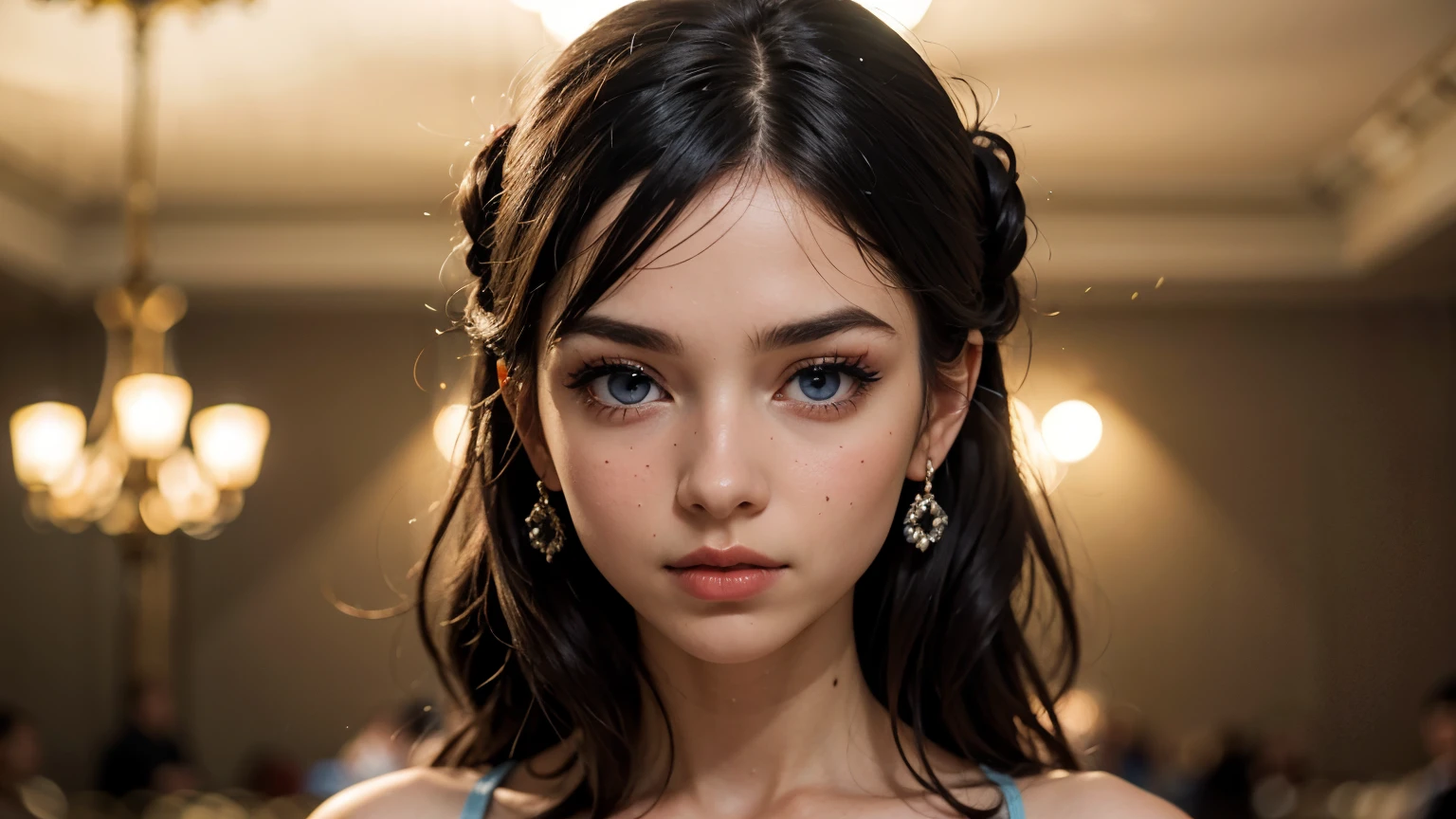 35mm film, solo, updo, makeup, blue eyes, small tits, (Princess dress), looking at viewer, palace (((ballroom))) upper body, epiCPhoto,focus on face, close to viewer, intricate lines, intriguing atmosphere, sharp magnificent details, delicate features, elaborate details, beautiful girl, black hair, (long hair) eighteen years old woman, ((upper body)) (Acne), ((natural lighting))