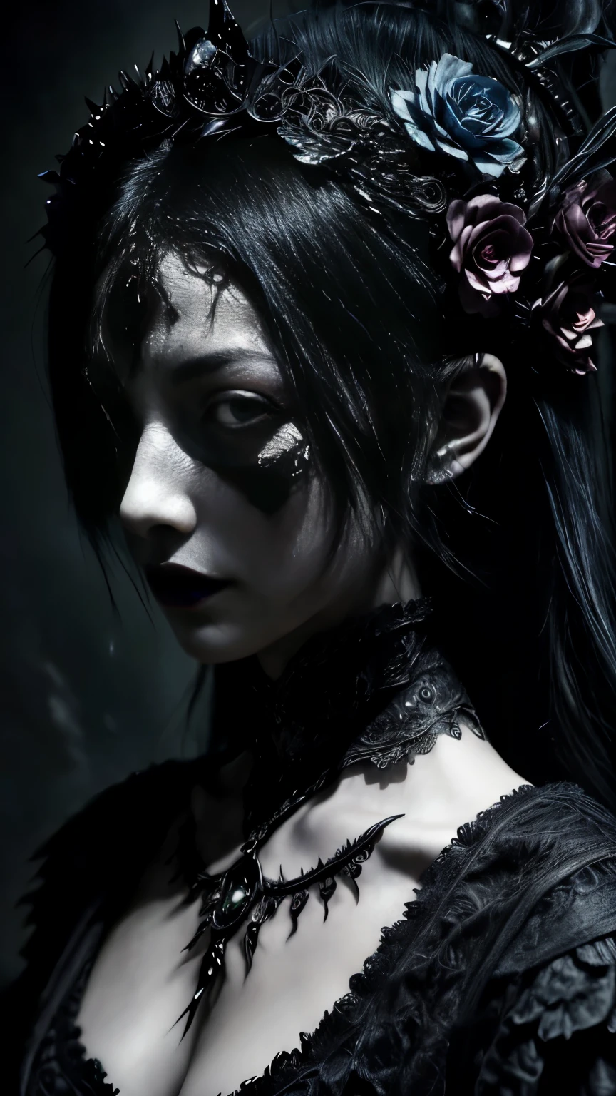 "A highly detailed and intense depiction of a terrifying female necromancer, Mid shot and dramatic capture shot in ultra detailed 8K wallpaper, Showing complex complexity".、Close-up of a woman with dark hair and a black dress, in style of Dark Fantasy Art, Dark fantasy art, A beautiful and elegant demon queen, Dark Fantasy Art, fantasy dark art, Dark fantasy digital art, gothic fantasy art, Gothic Dark Maiden, Dark Fantasy Portrait, Portrait of the Dark Goddess, Dark Fantasy Nymph Portrait