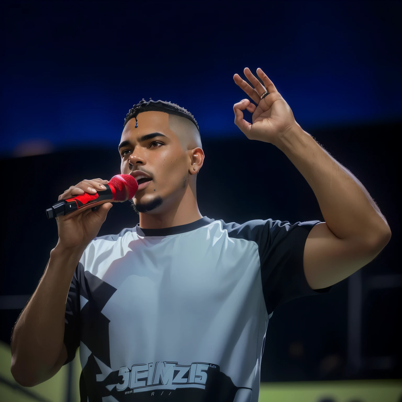there is a man who is holding a microphone in his hand, fazendo rap no palco do festival, por Alexander Fedosav, caio santos, batendo no microfone, vocalist, edu souza, filmado em nikon z9, Mohammed Chahin, Saadane Afif, filmado em sony a 7 iii, filmado em canon eos r5, filmado em canon eos r5
