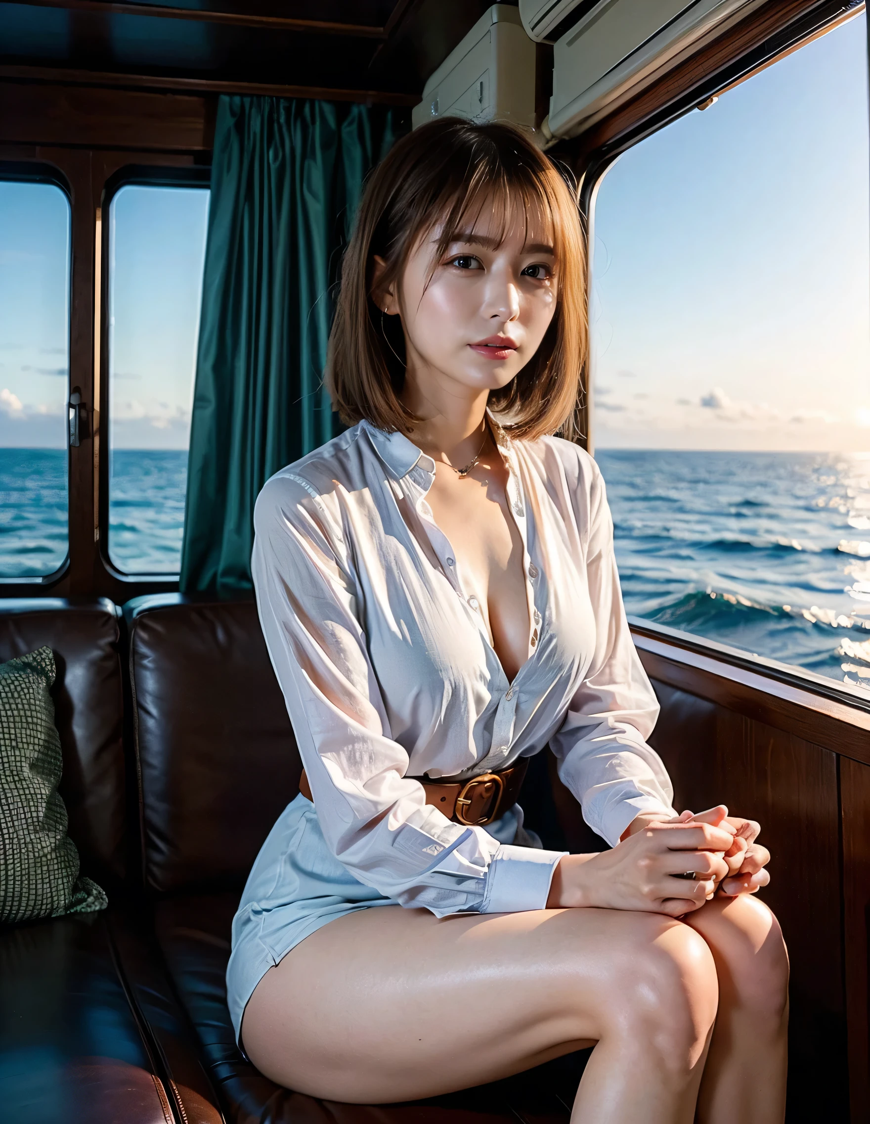 (Robe Dress:1.1) ,Brown beige color hair、Woman standing on a boat、Light brown hair、Elegant hairstyle、Blue Eyed Woman、A woman with a cute upward gaze、When the sky gets dark、The gentle light of the ship shines、When the sun goes down the sky turns red、Tight clothing that shows your body lines、、A clean white blouse or white collared shirt、The first button of her blouse is lewdly open、Genuine Leather Belt、革のShort skirt、Dress elegantly着こなす、Luxury Bags、、((Medium Short Hair:1.4))、Skyscrapers seen across the sea、Manhattan 私sland is visible offshore、Woman on a sightseeing boat、、The sun shines on her、Light brown hair、Light brown hair、The sky was dyed red、There are clouds、private's cute、An elegantly dressed woman is sitting on a boat and watching the sunset、Her ample breasts are obvious even through her clothes..、The shining sun is so beautiful、Dusk is approaching、Lens flare、I can see the sunset、((Sunlight reflecting off the ocean、Ocean View、The sun shines on the sea、'beautiful.、Small earrings、private'evening、Birds are also flying、、Brown Hair Color、Tying up hair、The woman is on the right:1.4))、Luxury Leather Belts、Shiny clothes、Light beige hair color、Background Blur、Braid only the front hair、Light brown hair、{{Cowgirl Shot}}、((Close-up shot from the waist up、Ample breasts:1.4))、Smile、Silk clothing、Ample breasts that can be seen even through clothes、Braid only the front hair、Cowboy Shot、Gorgeous white collared silk shirt and brown skirt、Dress elegantly、Luxury Bags、A lovely smile、((Ample breasts))、Full body photo、ring、Short skirt、Tuck your hair behind one ear、Silver Necklace、smile、 Elegant ponytail、Caustics、Highly detailed photos、Very beautiful and ideal short hair、Super no makeup、(8k、RAW Photos、highest quality、masterpiece:1.2)、(Realistic、Realistic)、1 girl、((Medium Short Hair、Looking into the camera:1.4))、Hair blowing in the wind