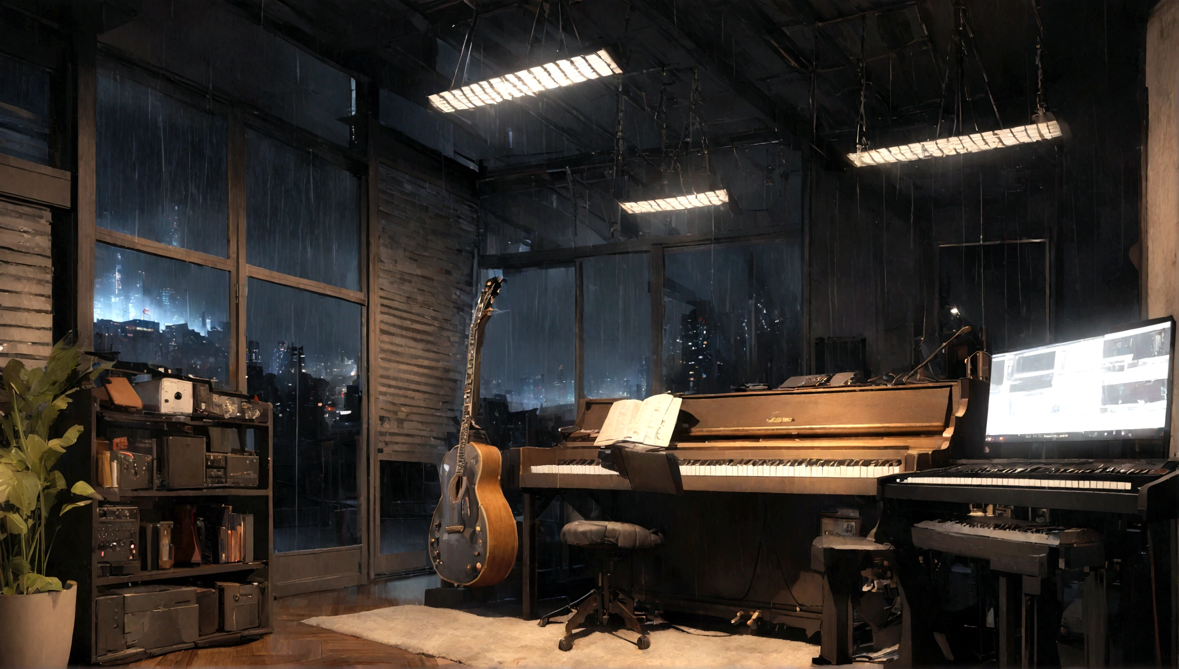 There is a music studio room with a desk, night, , keyboard, earphone, piano, Guitar,Small lights, background, sofa,, rain, Night Sky, Night City, Unmanned shutters, Concept Art, 3d rendering, 室内background艺术, , rock style interior, high resolution, Super sharp, 8K, masterpiece