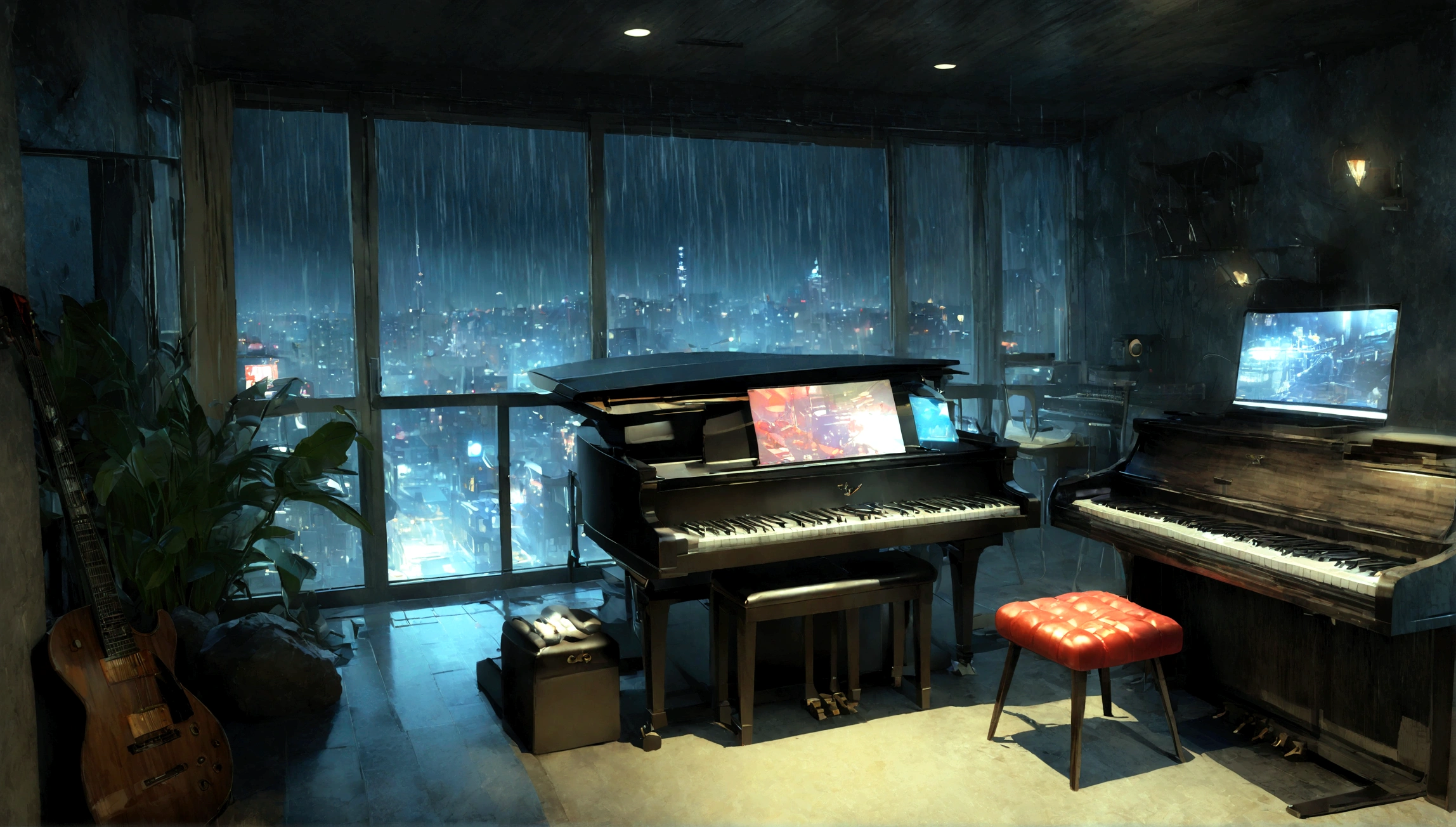 There is a music studio room with a desk, night, , keyboard, earphone, piano, Guitar,Small lights, background, sofa,, rain, Night Sky, Night City, Unmanned shutters, Concept Art, 3d rendering, 室内background艺术, , rock style interior, high resolution, Super sharp, 8K, masterpiece