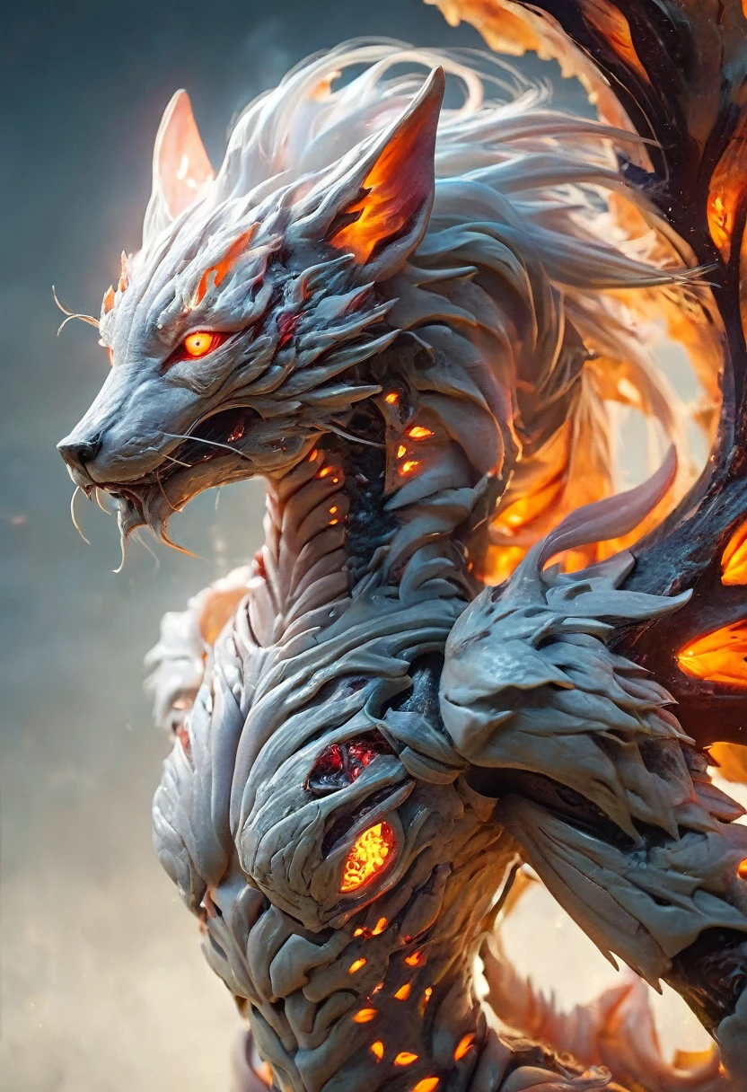 (highest quality,4K,8k,High resolution,masterpiece:1.2), Very detailed, (Realistic,photoRealistic,photo-Realistic:1.37), white creature, Otherworldly, Lovecraft, Chitinous Skin, Bioluminescence Pattern, Dark Color Palette, Spooky lighting.(Browsing Caution:1.4), white, pink, orange, Very long and sharp red claws, Big Claws, Her body is bioluminescent. Moisturized Skin, (Extremely detailed and intricate skin patterns:1.2), (Translucent chitinous exoskeleton:1.3), (Very small waist:1.4), (Destroyed Anatomy:1.5), violent, erotic,white狐,nine tailed fox:18,Fox Yokai,