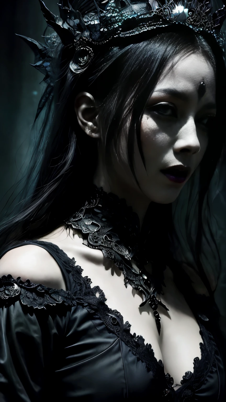 "A highly detailed and intense depiction of a terrifying female necromancer, Mid shot and dramatic capture shot in ultra detailed 8K wallpaper, Showing complex complexity".、Close-up of a woman with dark hair and a black dress, in style of Dark Fantasy Art, Dark fantasy art, A beautiful and elegant demon queen, Dark Fantasy Art, fantasy dark art, Dark fantasy digital art, gothic fantasy art, Gothic Dark Maiden, Dark Fantasy Portrait, Portrait of the Dark Goddess, Dark Fantasy Nymph Portrait