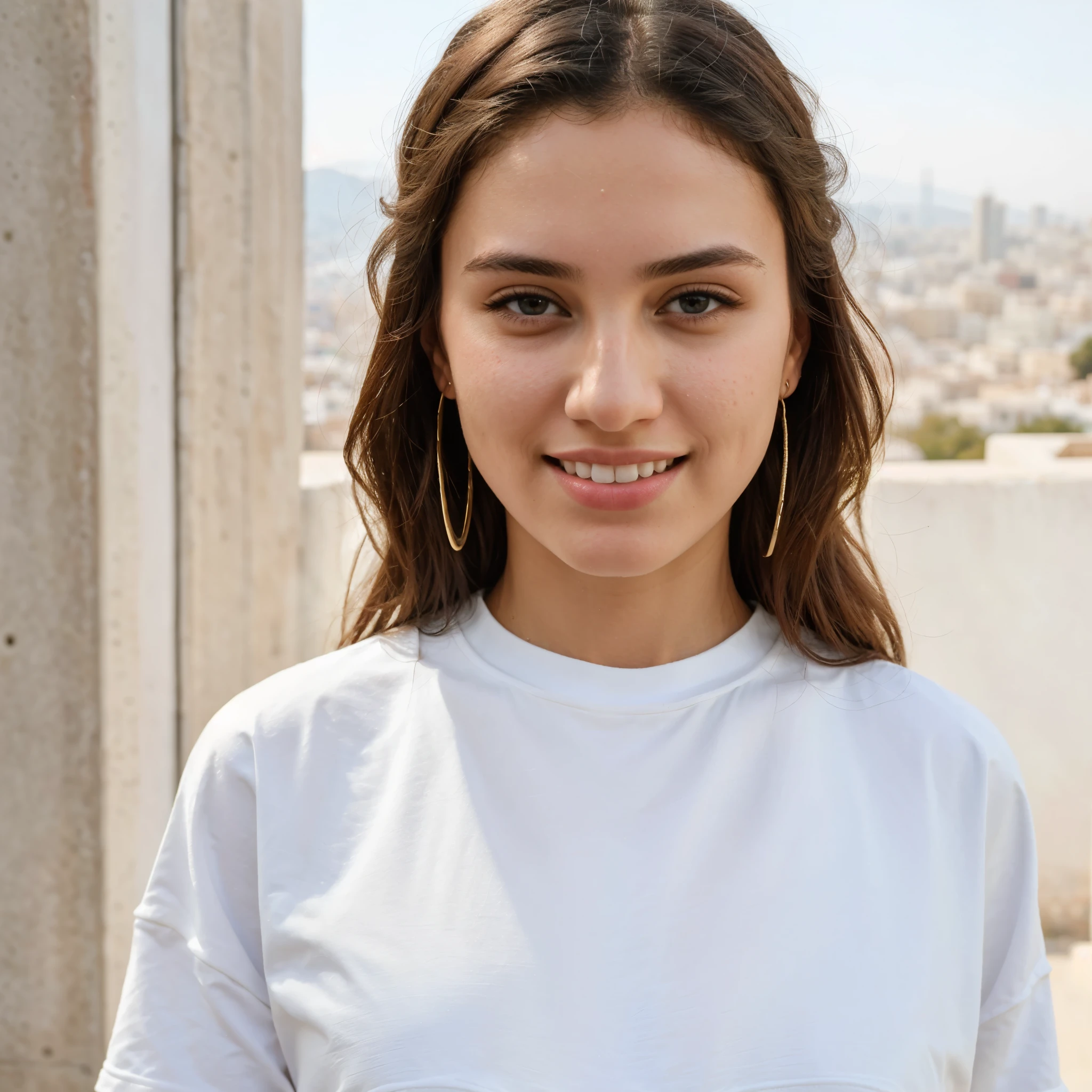 (8k, highest quality, ultra detailed:1.37, face image), 20yo, Amman,Jordan city in the distance in the background, small head, super realistic detailed eyes, a stylish Palestinian women, modest, wearing a long t-shirt, attractive smile, close range picture, white teeth, showcases her unique fashion sense in a trendy setting. The high-resolution image captures ultra-detailed realism, highlighting confident pose, captivating eyes, and flawless complexion.