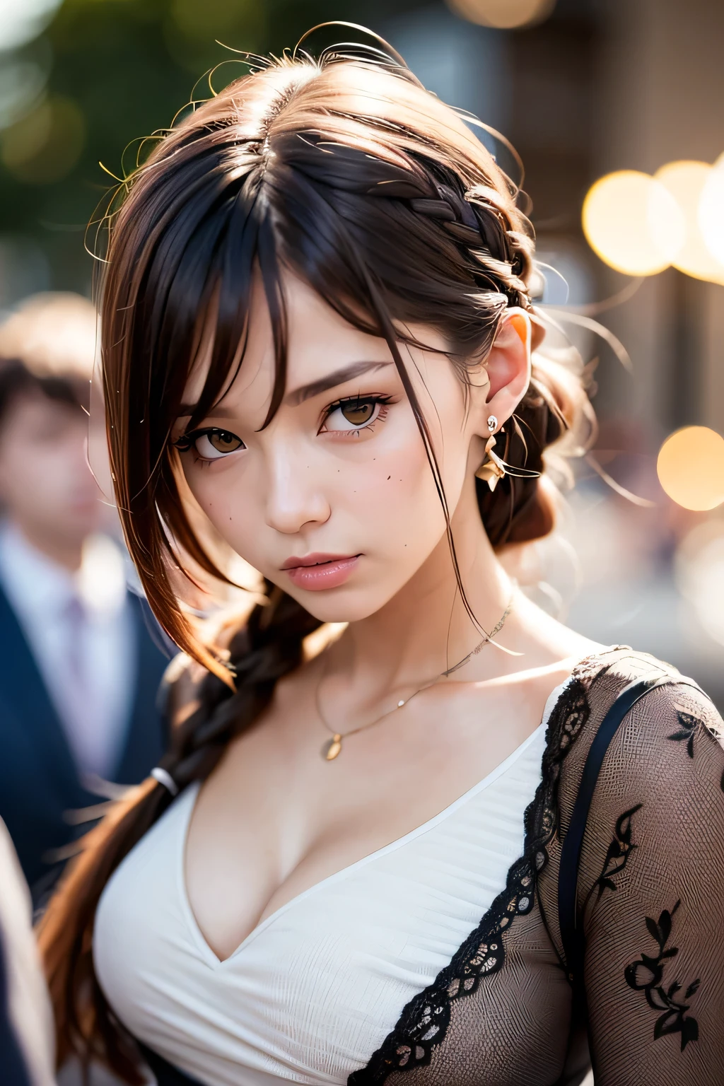 highest quality, Realistic, 1people girl, woman,(Skin dents), Mid-chest, (bright), (Professional Lighting, Bokeh), (street), people々, crowd, Braided bangs, (blouse:1.5), (I wore:0.8), nice, bloom, Floating Hair, (Dynamic pose:0.6) , Soft lighting, 
