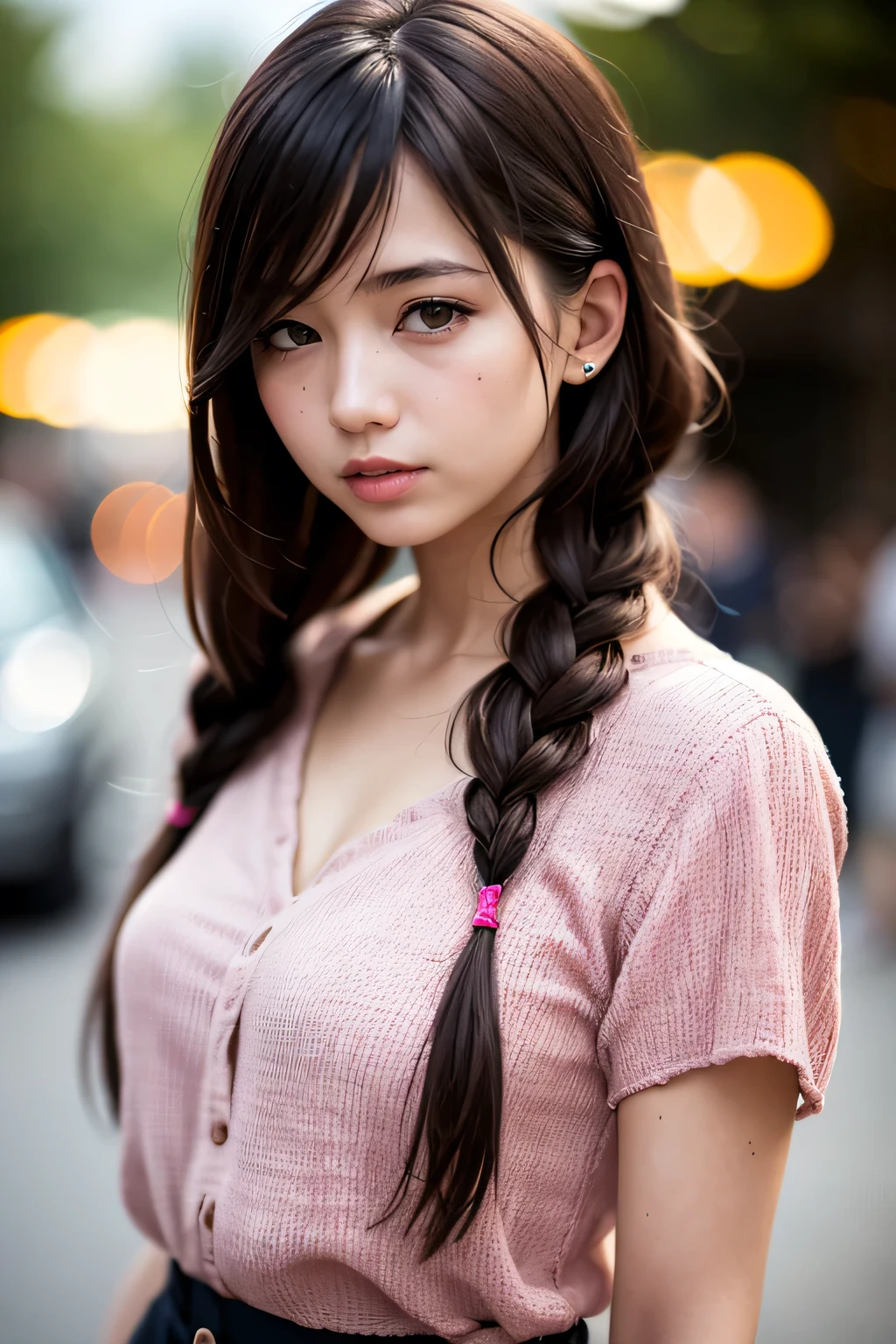 highest quality, Realistic, 1people girl, woman,(Skin dents), Mid-chest, (bright), (Professional Lighting, Bokeh), (street), people々, crowd, Braided bangs, (blouse:1.5), (I wore:0.8), nice, bloom, Floating Hair, (Dynamic pose:0.6) , Soft lighting, 