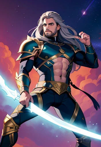 (high-quality, breathtaking),(expressive eyes, perfect face) Symmetrical Eyes, 1 Homem Adulto de idade 36 anos,   strong male indigenous warrior he has an exaggerated long hair gray color eyes purple color, ele tem pinturas tribais no peito e no rosto, he has armor on his tibia, he has armor on his forearm, He wears tight-fitting pants made of green fabric, he has a long indigenous fabric thong, He's gesturing with his hands 