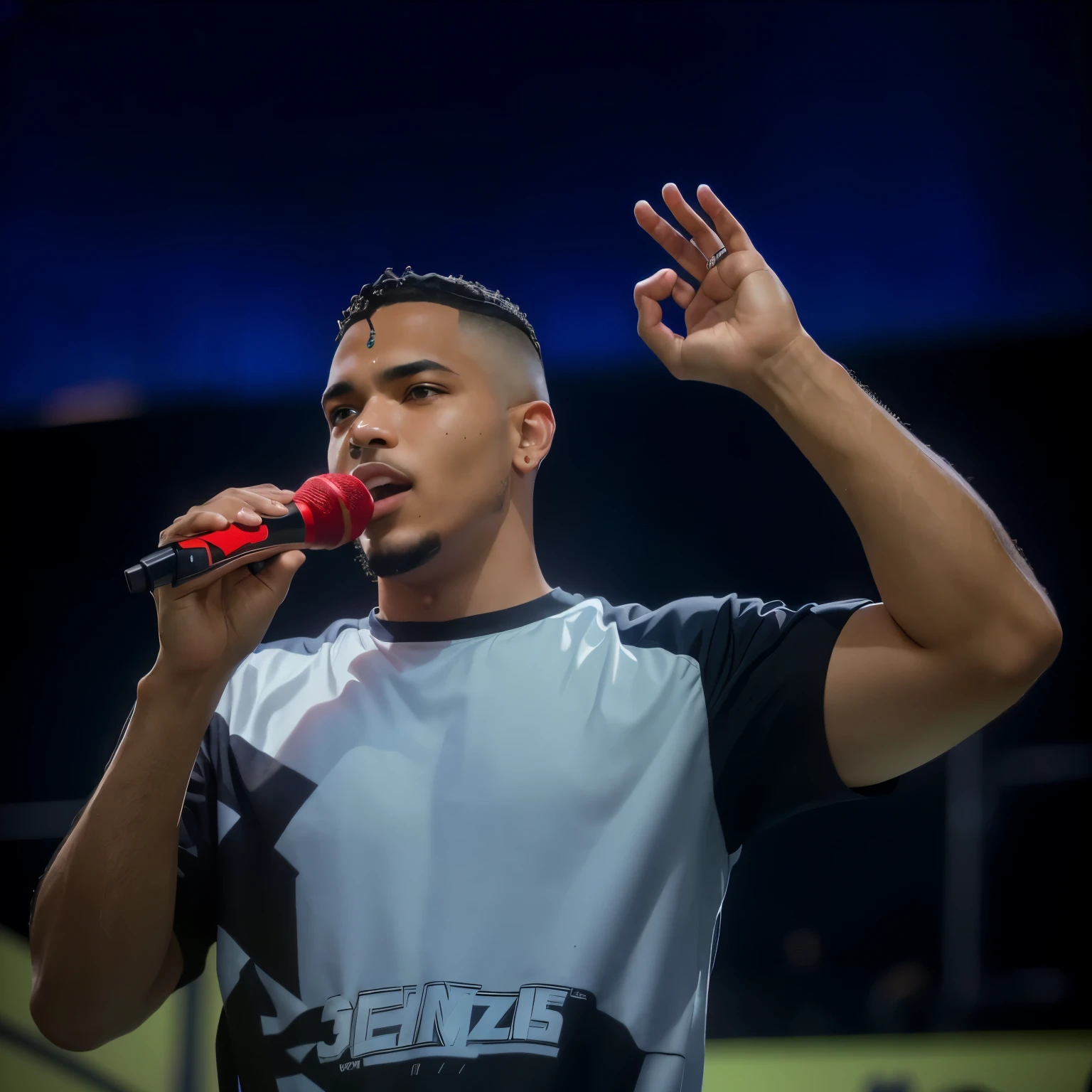 there is a man who is holding a microphone in his hand, fazendo rap no palco do festival, por Alexander Fedosav, caio santos, batendo no microfone, vocalist, edu souza, filmado em nikon z9, Mohammed Chahin, Saadane Afif, filmado em sony a 7 iii, filmado em canon eos r5, filmado em canon eos r5