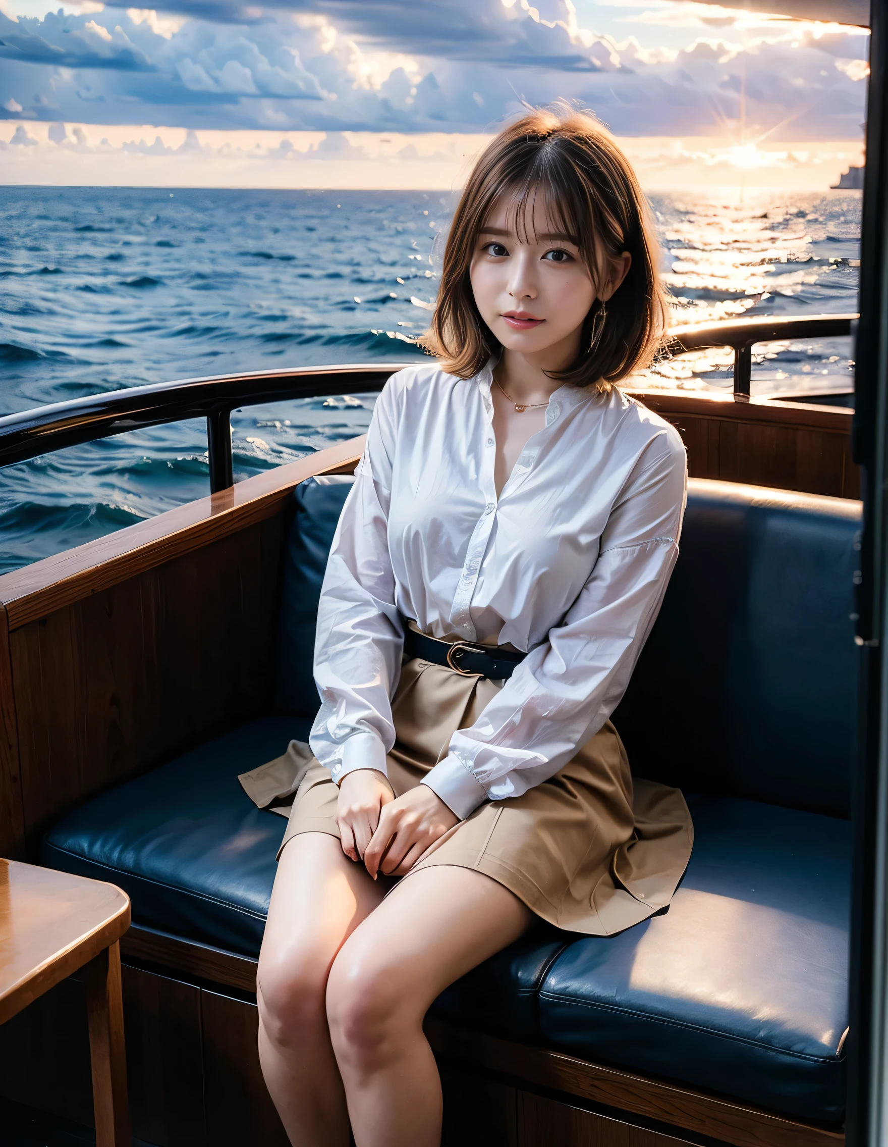 (Robe Dress:1.1) ,Brown beige color hair、Woman standing on a boat、Light brown hair、Elegant hairstyle、Blue Eyed Woman、A woman with a cute upward gaze、When the sky gets dark、The gentle light of the ship shines、When the sun goes down the sky turns red、Tight clothing that shows your body lines、、A clean white blouse or white collared shirt、The first button of her blouse is lewdly open、Genuine Leather Belt、革のShort skirt、Dress elegantly着こなす、Luxury Bags、、((Medium Short Hair:1.4))、Skyscrapers seen across the sea、Manhattan 私sland is visible offshore、Woman on a sightseeing boat、、The sun shines on her、Light brown hair、Light brown hair、The sky was dyed red、There are clouds、private's cute、An elegantly dressed woman is sitting on a boat and watching the sunset、Her ample breasts are obvious even through her clothes..、The shining sun is so beautiful、Dusk is approaching、Lens flare、I can see the sunset、((Sunlight reflecting off the ocean、Ocean View、The sun shines on the sea、'beautiful.、Small earrings、private'evening、Birds are also flying、、Brown Hair Color、Tying up hair、The woman is on the right:1.4))、Luxury Leather Belts、Shiny clothes、Light beige hair color、Background Blur、Braid only the front hair、Light brown hair、{{Cowgirl Shot}}、((Close-up shot from the waist up、Ample breasts:1.4))、Smile、Silk clothing、Ample breasts that can be seen even through clothes、Braid only the front hair、Cowboy Shot、Gorgeous white collared silk shirt and brown skirt、Dress elegantly、Luxury Bags、A lovely smile、((Ample breasts))、Full body photo、ring、Short skirt、Tuck your hair behind one ear、Silver Necklace、smile、 Elegant ponytail、Caustics、Highly detailed photos、Very beautiful and ideal short hair、Super no makeup、(8k、RAW Photos、highest quality、masterpiece:1.2)、(Realistic、Realistic)、1 girl、((Medium Short Hair、Looking into the camera:1.4))、Hair blowing in the wind