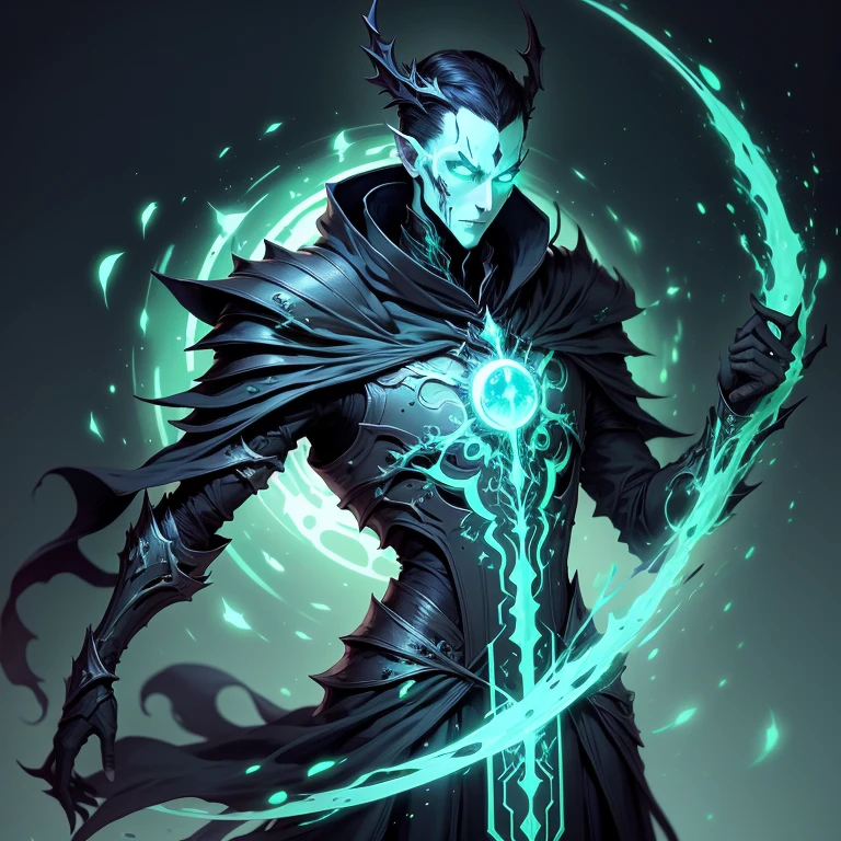 A pale man black hair tall and thin wizard, wearing a dark black futuristic armor with green magic ornaments, specter invoker, specter magic, spirit magic, undead reborn