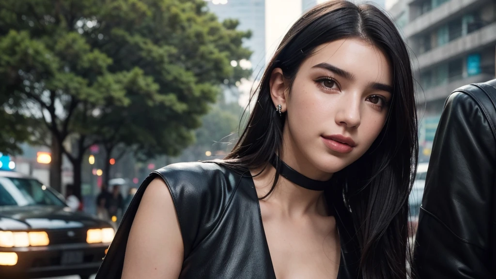 Foto hiperrealista de Dua Lipa (rosto do ano de 2024) em close, Create dystopian masterpieces, cena do filme Blade Runner, toda a figura vestida no estilo Blade Runner, wine dress with ninja accessories, under a tree on a cyberpunk street in light rain, Mulher bonita, magra magra, medium breasts, cabelo preto longo e solto, rosto detalhado, sorriso, facing the camera, photo taken from a distance. 