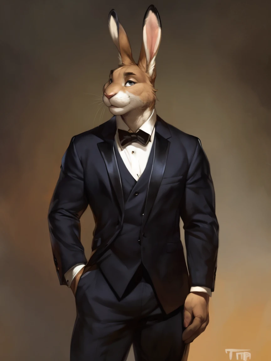 A tall hare in a black tuxedo, by darkgem, by mystikfox61, by glitter trap boy