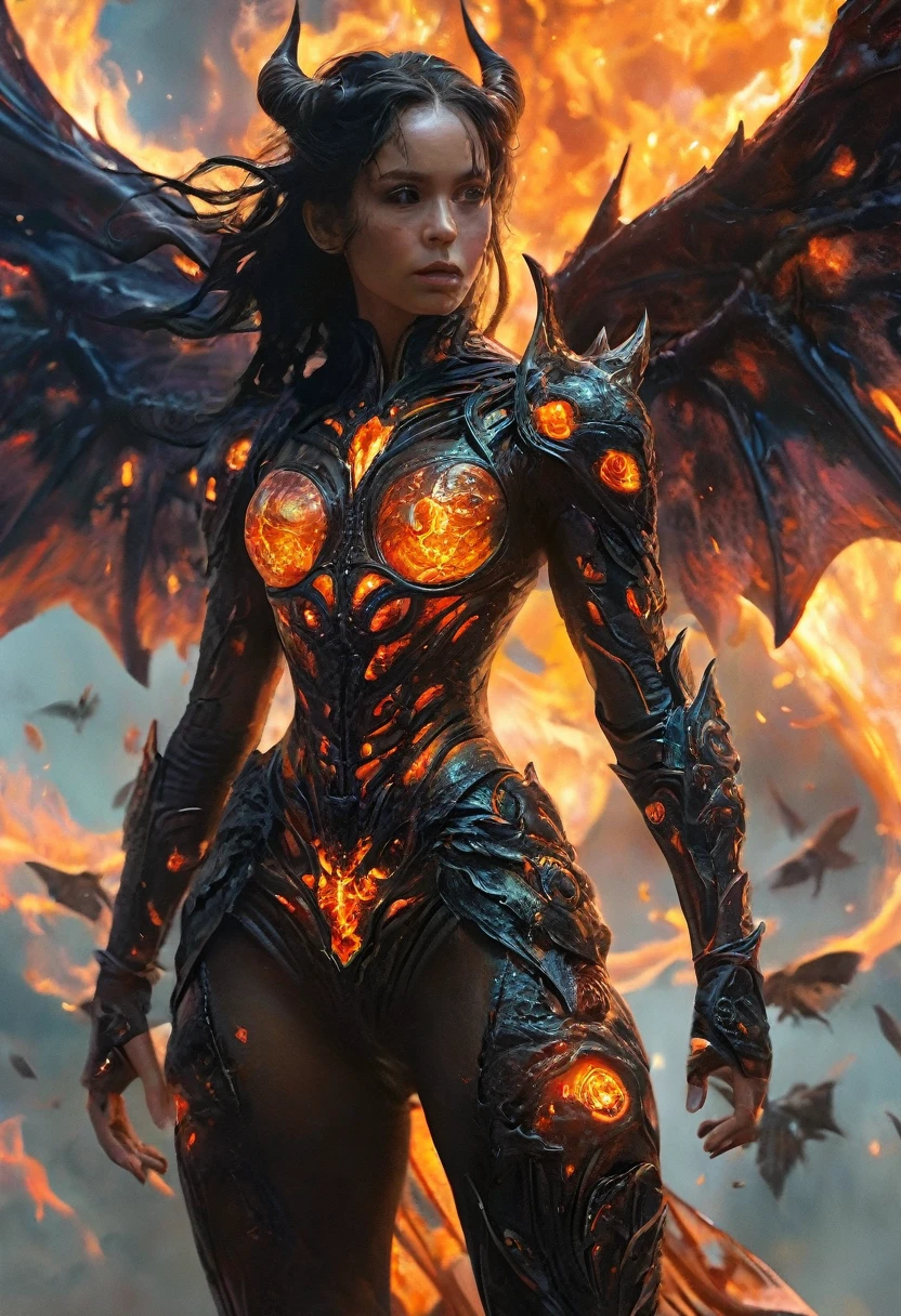 (highest quality,4K,8k,High resolution,masterpiece:1.2), Very detailed, (Realistic,photoRealistic,photo-Realistic:1.37), black creature, Otherworldly, Lovecraft, Chitinous Skin, Bioluminescence Pattern, Dark Color Palette, Spooky lighting.(Browsing Caution:1.4), black, red, orange, Her body is bioluminescent. Moisturized Skin, (Extremely detailed and intricate skin patterns:1.2), (Translucent chitinous exoskeleton:1.3), (Very small waist:1.4), (Destroyed Anatomy:1.5), violent, erotic,Magical Taoist:2.5,The Birth of the Demon King,A glowing magic circle floating in the air:1.8,Space transfer from the magic circle:1.5,Demon Reincarnation Ritual,Magic wand,Carrying weapons,