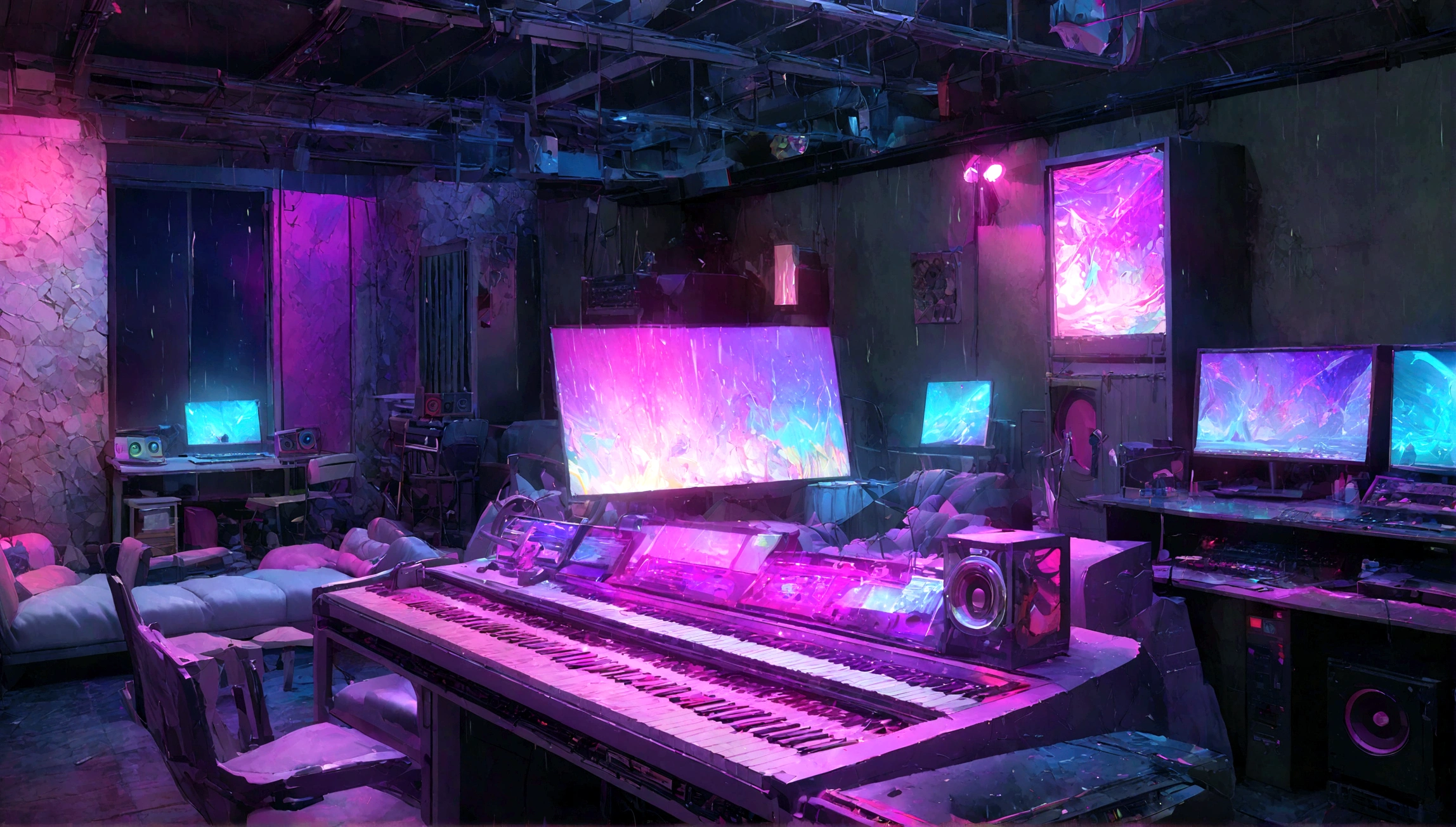 There is a music studio room with a desk, night, , keyboard, earphone,, Guitar,Small lights, background, sofa,, rain, Night Sky, Night City, Unmanned shutters, Concept Art, 3d rendering, 室内background艺术, synthwave art style, Flat synthetic wave art style, synthwave art, Synthetic wave digital art,, rock style interior, high resolution, Super sharp, 8K, masterpiece