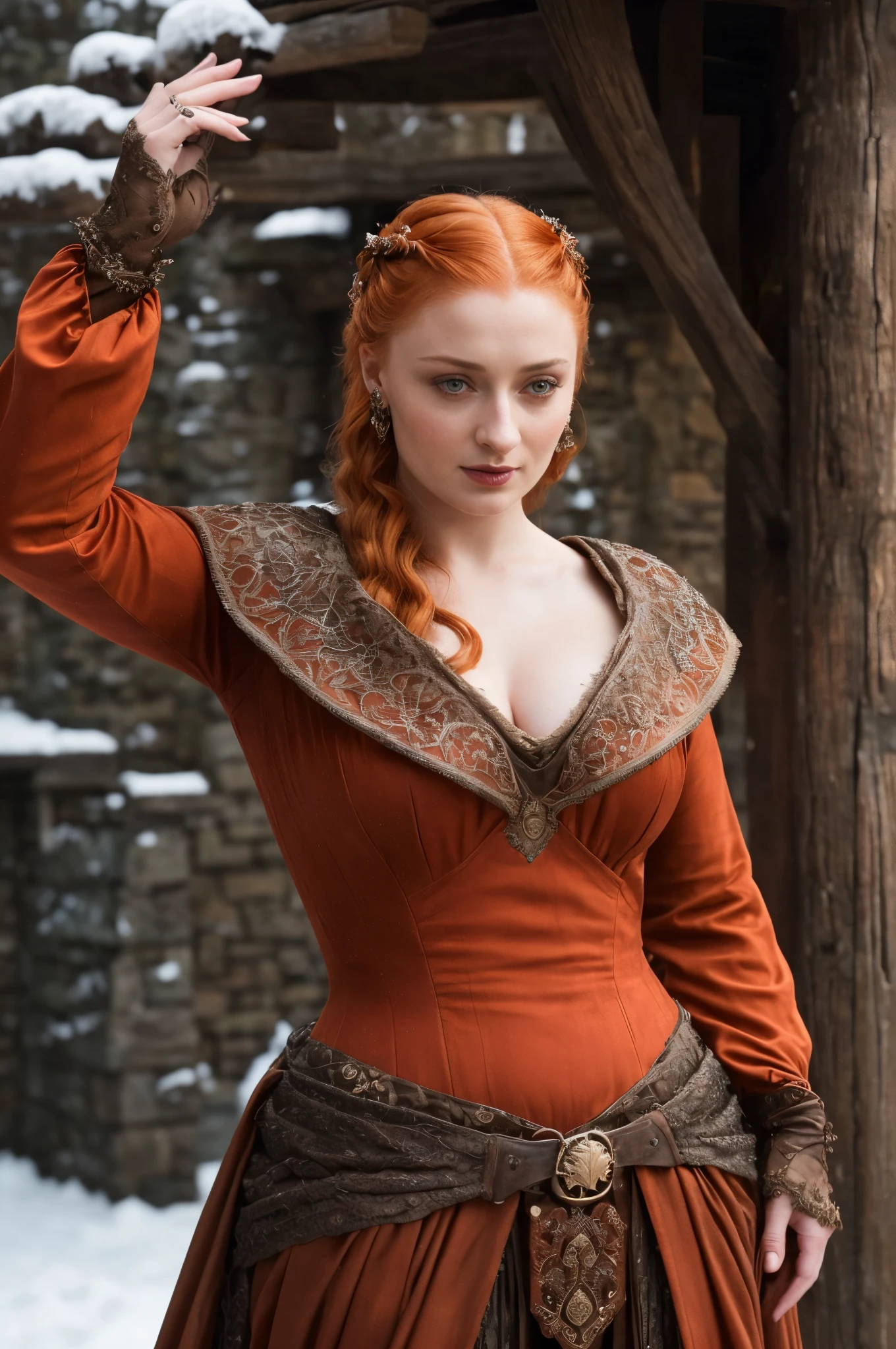 Face of Sophie Turner, Sansa Stark played by Sophie Turner, the de facto Lady of the Eyrie, is a 40-year-old mature queen with a stunning, alluring appearance. Full Face, Full figured woman, pierced eyes, reddish lips, upper body shot, erotic Mediaeval costumes, game of thrones costumes, She wears a Game of Thrones-inspired costume and has a deep cleavage, a perfect thick body, and a perfect thick figure. The photograph captures her in a close-up, with her skin texture and facial features being ultra-realistic and realistic. Juicy thick figure, high quality skin, Skin pores, amazing details, snow, snow flakes, semi realistic, extremely detailed eyes, dark moody orange and black settings, cool environment, artificial intelligence