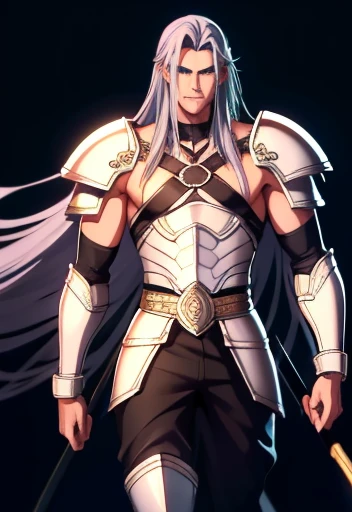 (high-quality, breathtaking),(expressive eyes, perfect face) Symmetrical Eyes, 1 Homem Adulto de idade 36 anos,   strong male indigenous warrior he has an exaggerated long hair gray color eyes purple color, ele tem pinturas tribais no peito e no rosto, he has armor on his tibia, he has armor on his forearm, He wears tight-fitting pants made of green fabric, he has a long indigenous fabric thong, He's gesturing with his hands 